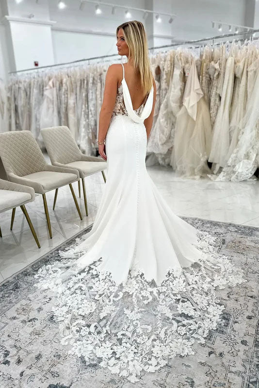 Timeless Ivory Crepe Wedding Dress with Deep V Neck Lace Bodice Cowl Low Back
