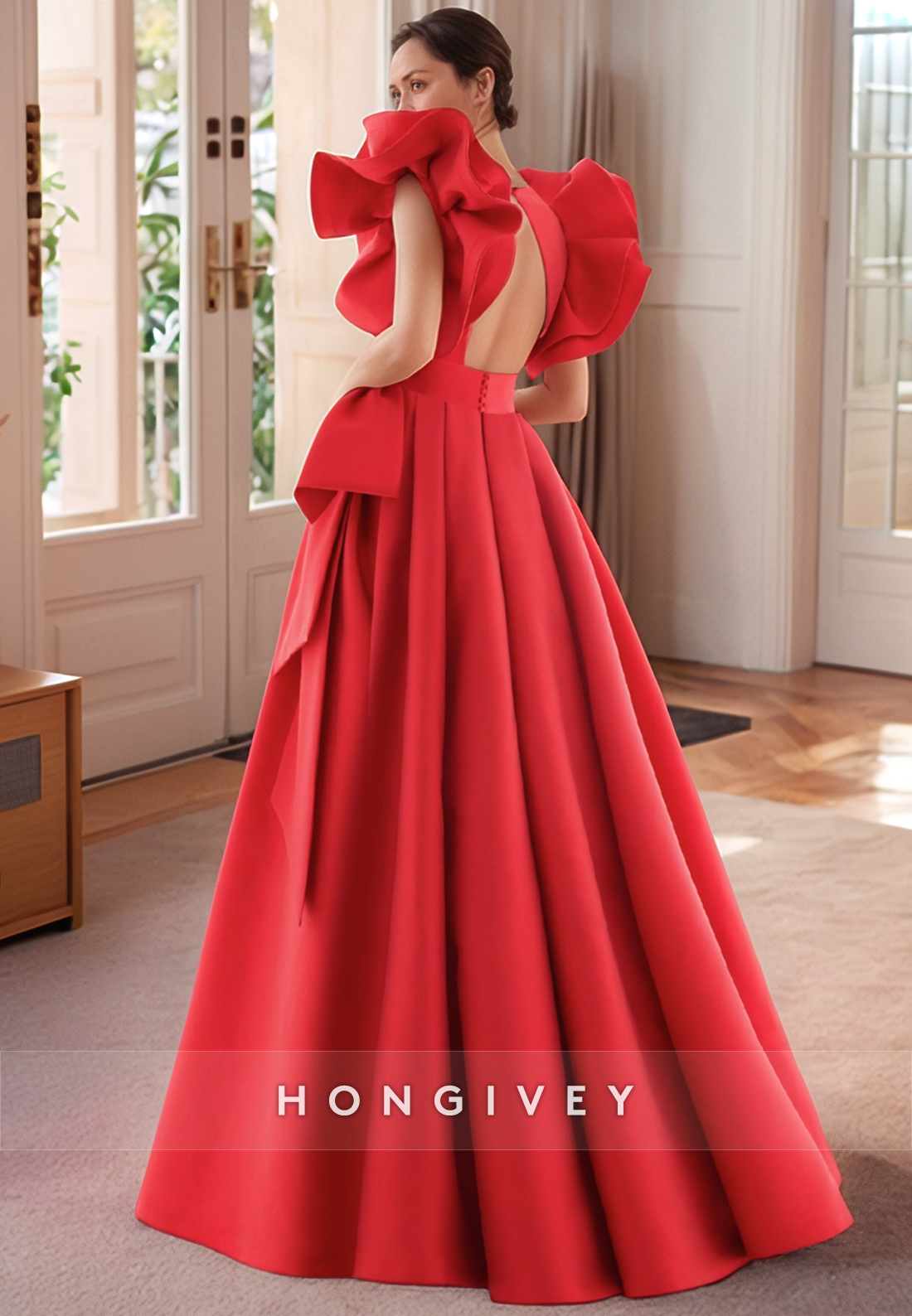 A Line V Neck Ruffles Red Mother of the Bride Dress with Pockets Long Formal Evening Dress