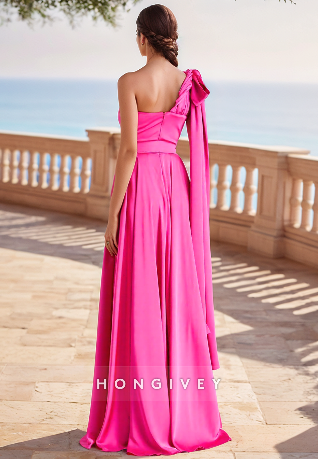 A Line One Shoulder Satin Pleats Fuchsia Elegant Mother of the Bride Dress Long Formal Evewning Dress