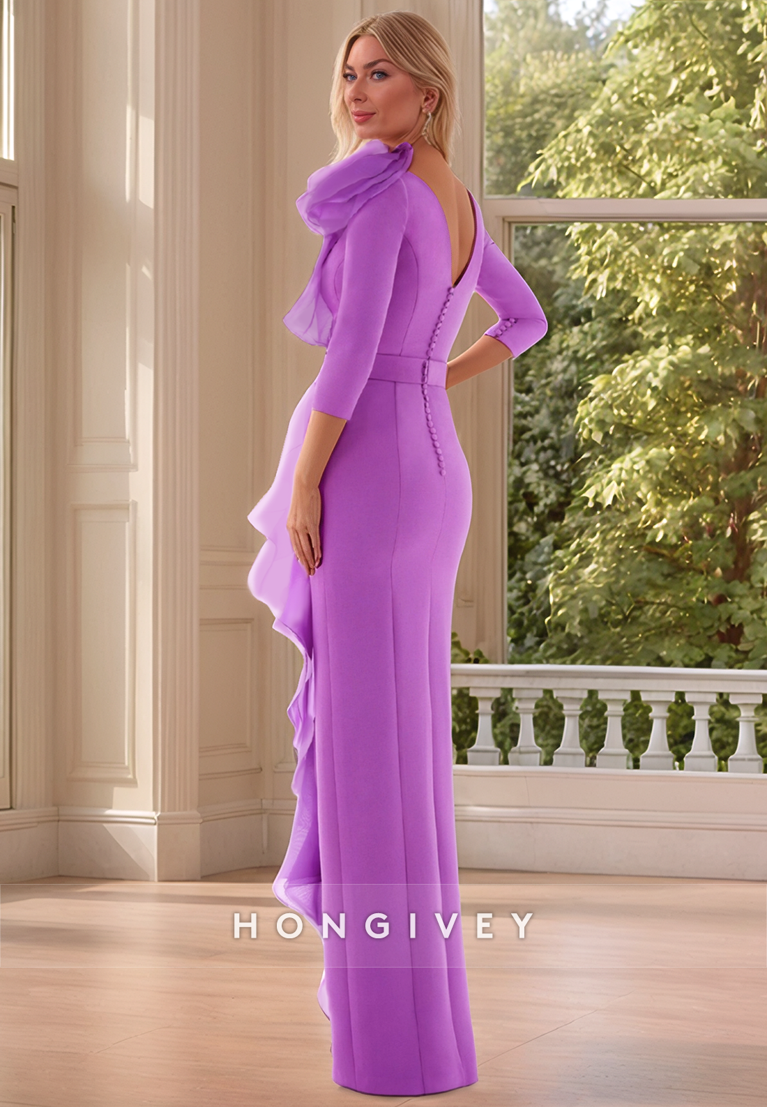 Sheath Ruffles Side Slit Lavender Mother of the Dress with 3/4 Sleeves