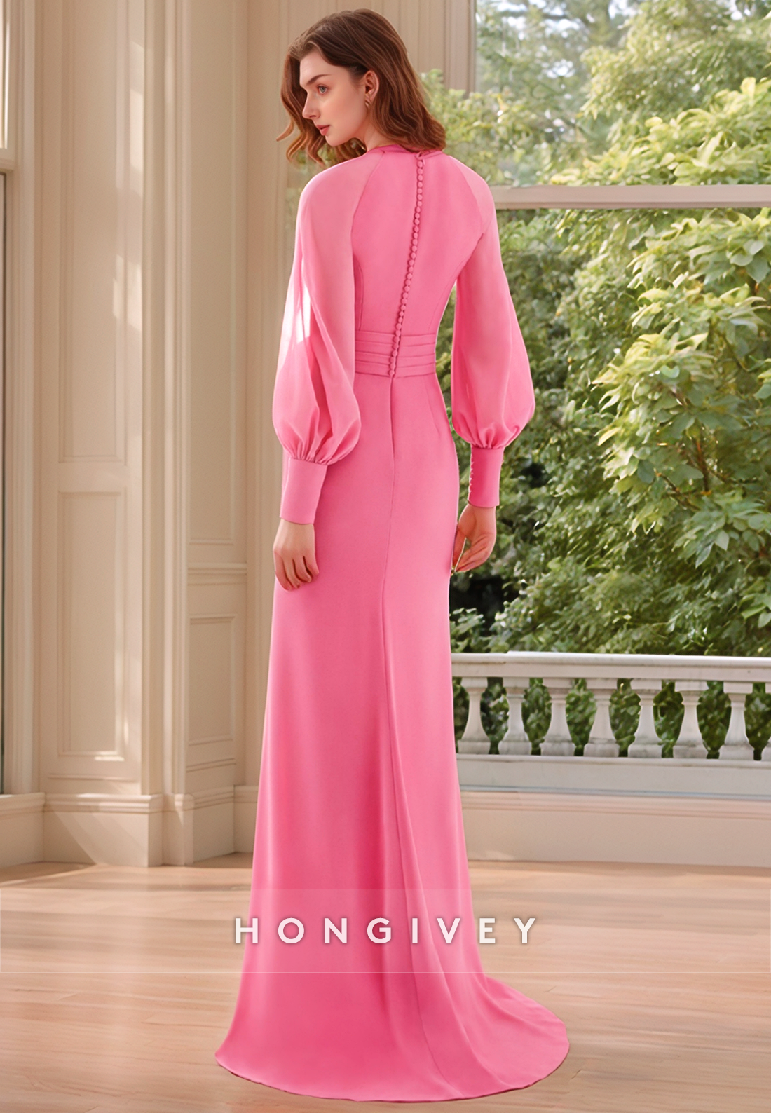 Sheath V Neck Long Sleeves Pink Mother of the Bride Dress with Slit Long Formal Evening Dress