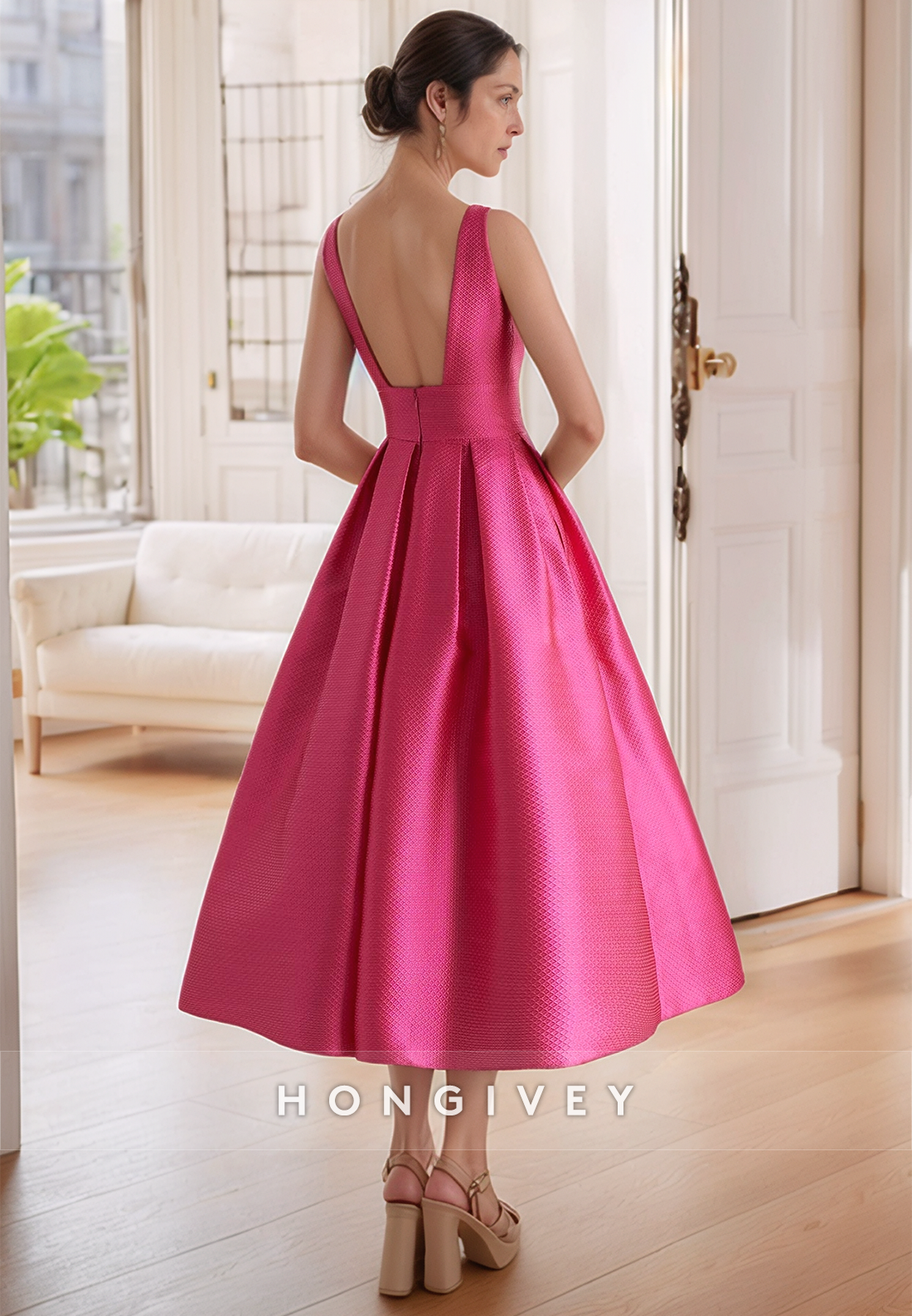 A Line Square Flower Backless Sleeveless Pink Mother of the Bride Dress Short Cocktail Dress