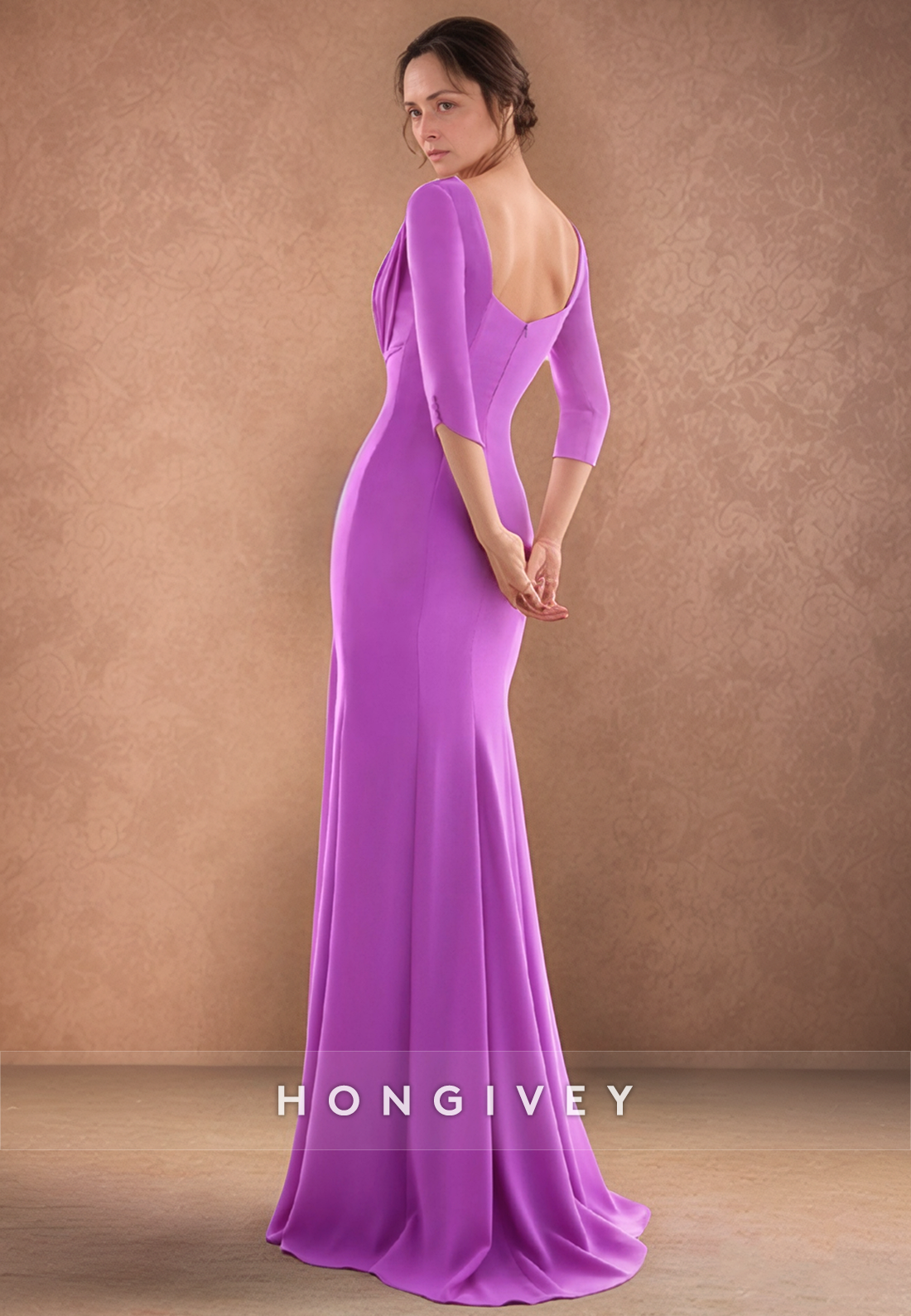 Sheath Scoop Pleats 3/4 Sleeves Long Elegant Mother of the Bride Dress