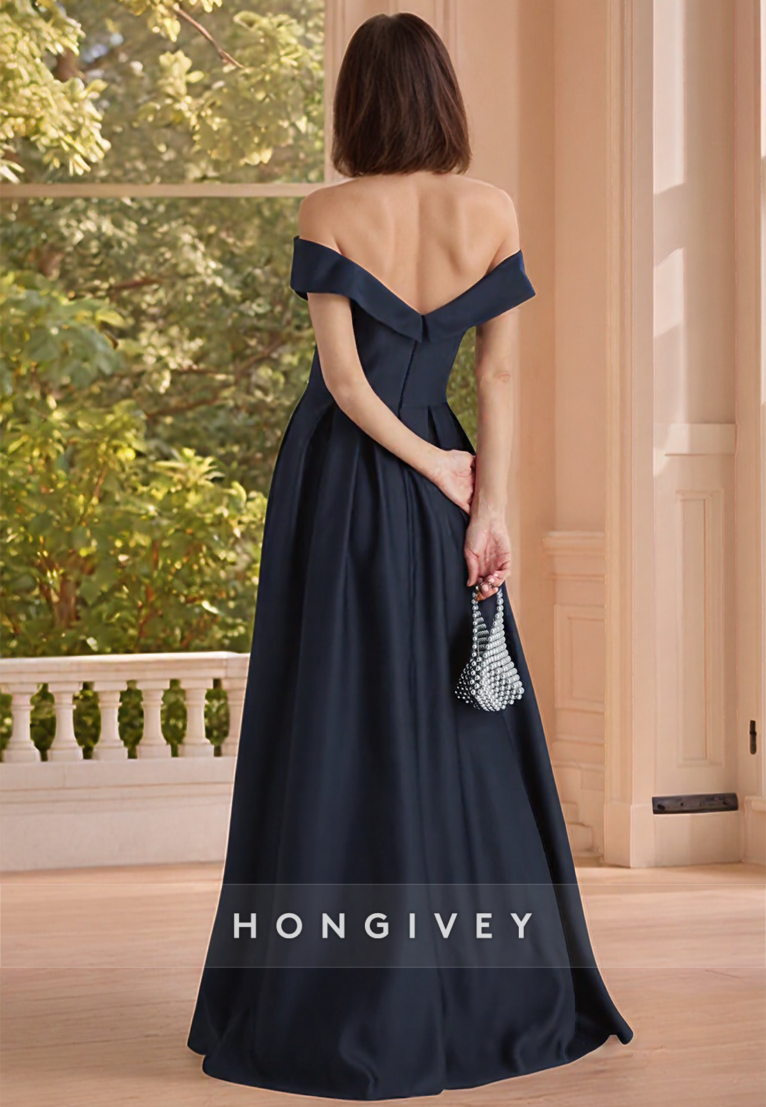A Line Off Shoulder Pleats Navy Mother of the Bride Dress Long Evening Formal Dress