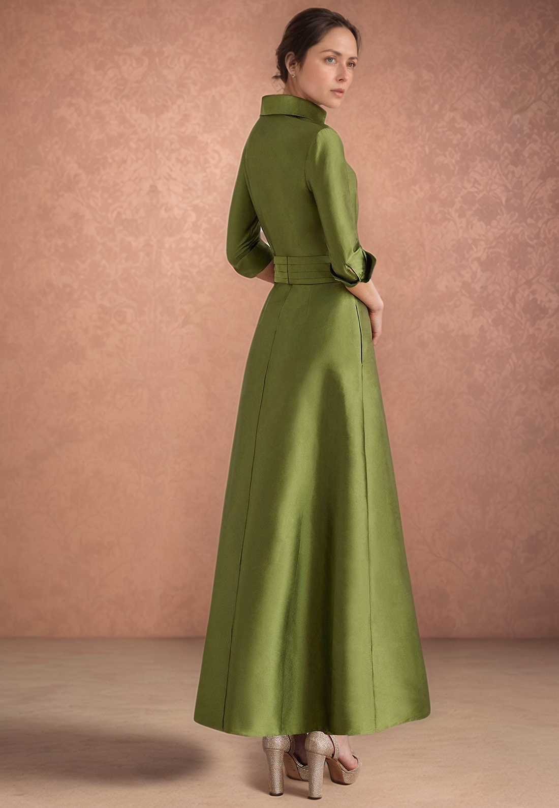 Sheath Ankle-Length High Neck Satin 3/4 Sleeve Pleated Mother Of the Bride Dress