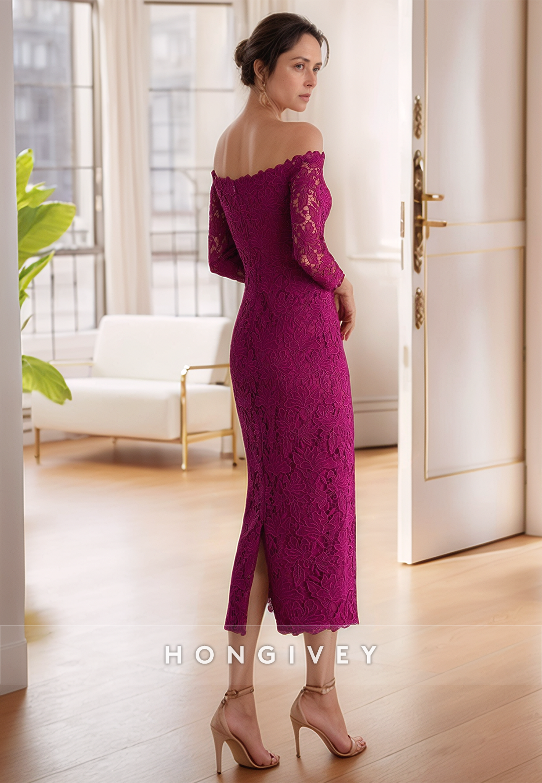 Sheath Off the Shoulder 3/4 Sleeves Mother of the Bride Dress Ankle-Length Elegent Cocktail Dresses