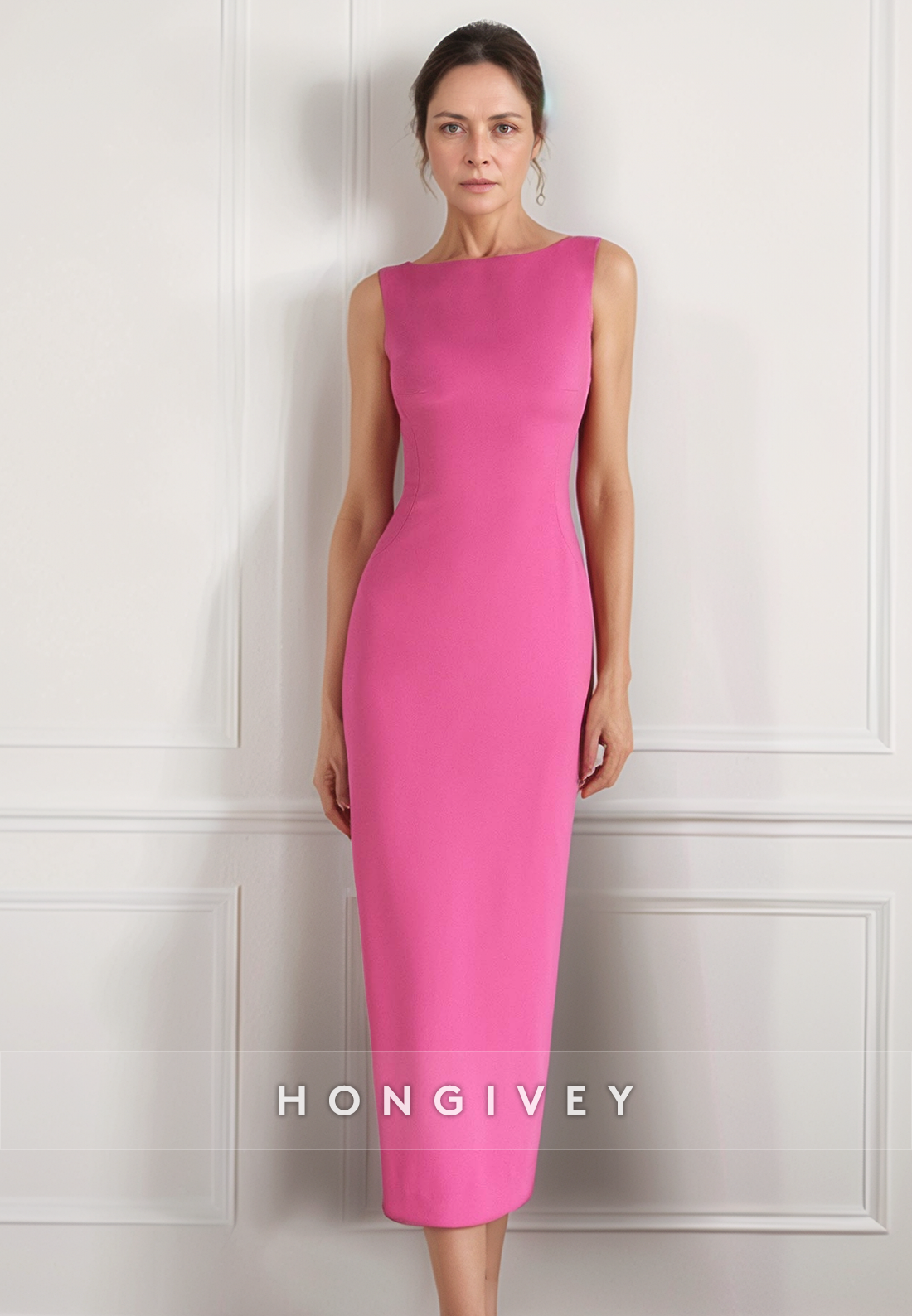 Sheath Tea-Length Formal Fuchsia Taffeta Cocktail Dress Zipper Shawl Simple Mother of the Bride Dress