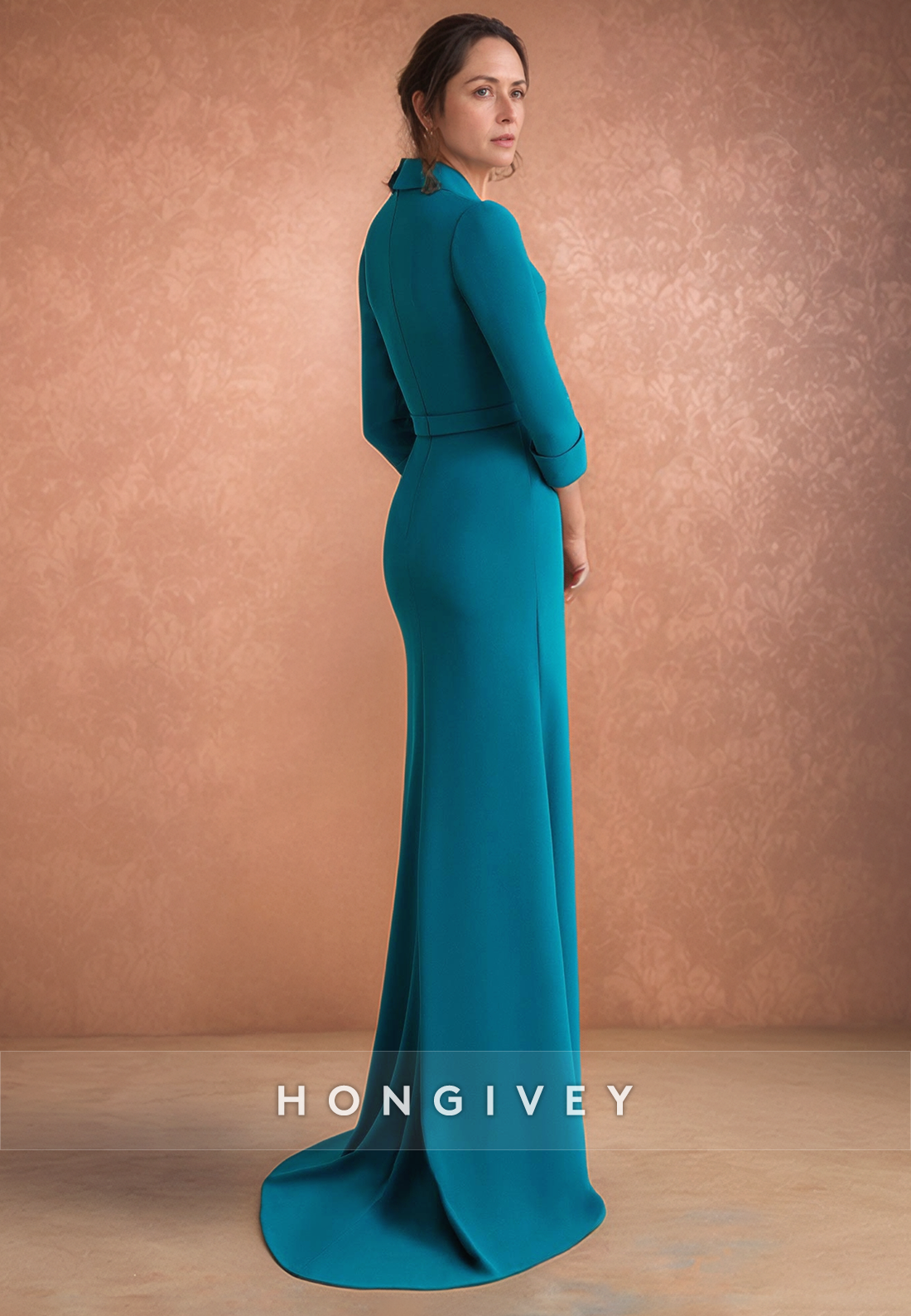 Sheath Floor-Length V Neck Satin 3/4 Sleeve Flowers Pleated Mother Of The Bride Dress