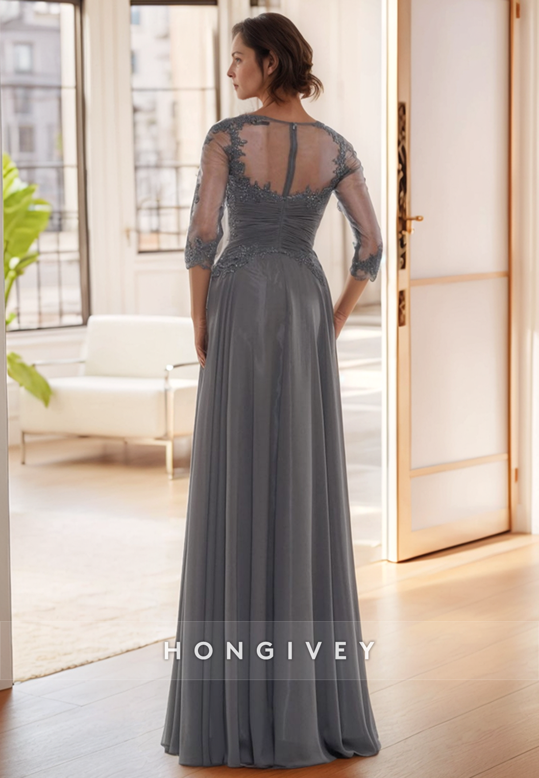 Sheath Sweep Train V Neck Lace 3/4 Sleeve Pleated Ruffles Mother of the Bride Dress