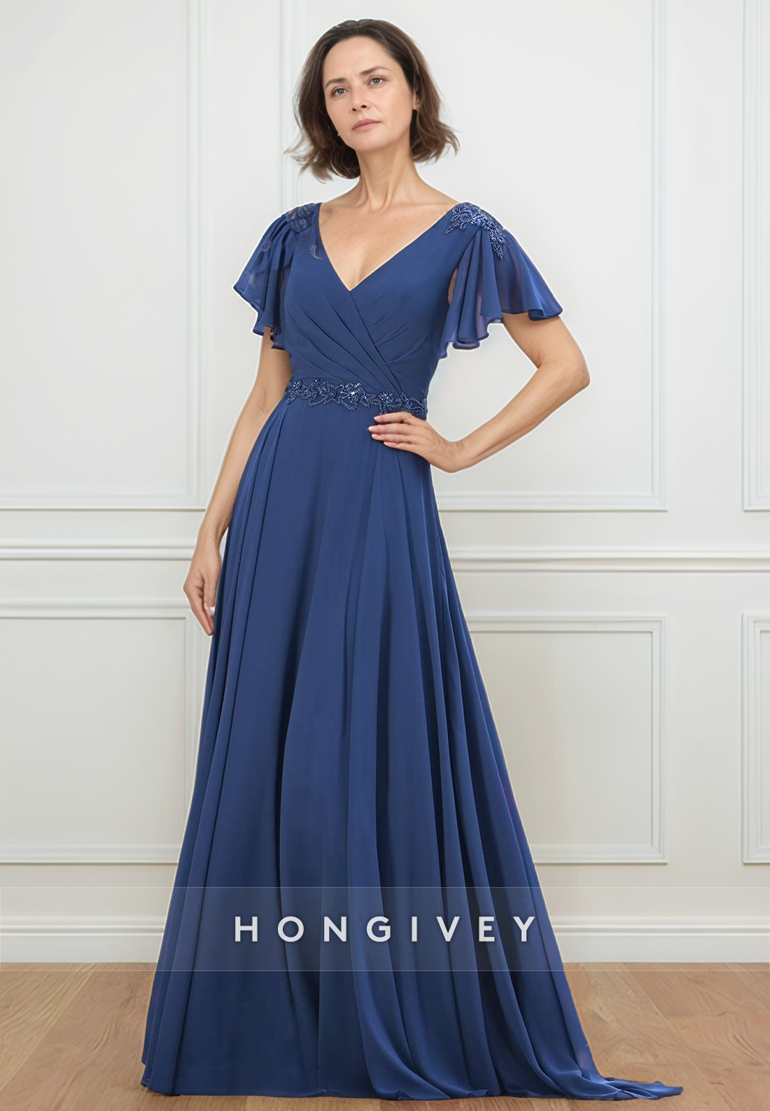 Sheath Floor-Length Chiffon V Neck Pleated Flutter Sleeves Mother of the Bride Dress