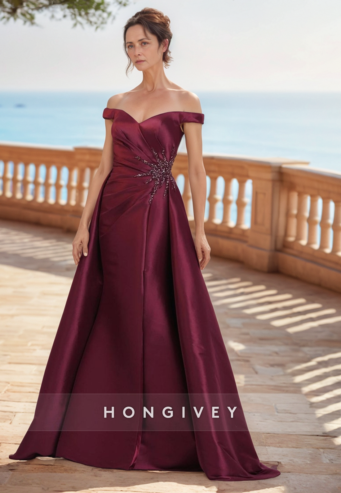 Satin Off the Shoulder Sweep Train Column Pleated Rhinestone Mother of the Bride Dress