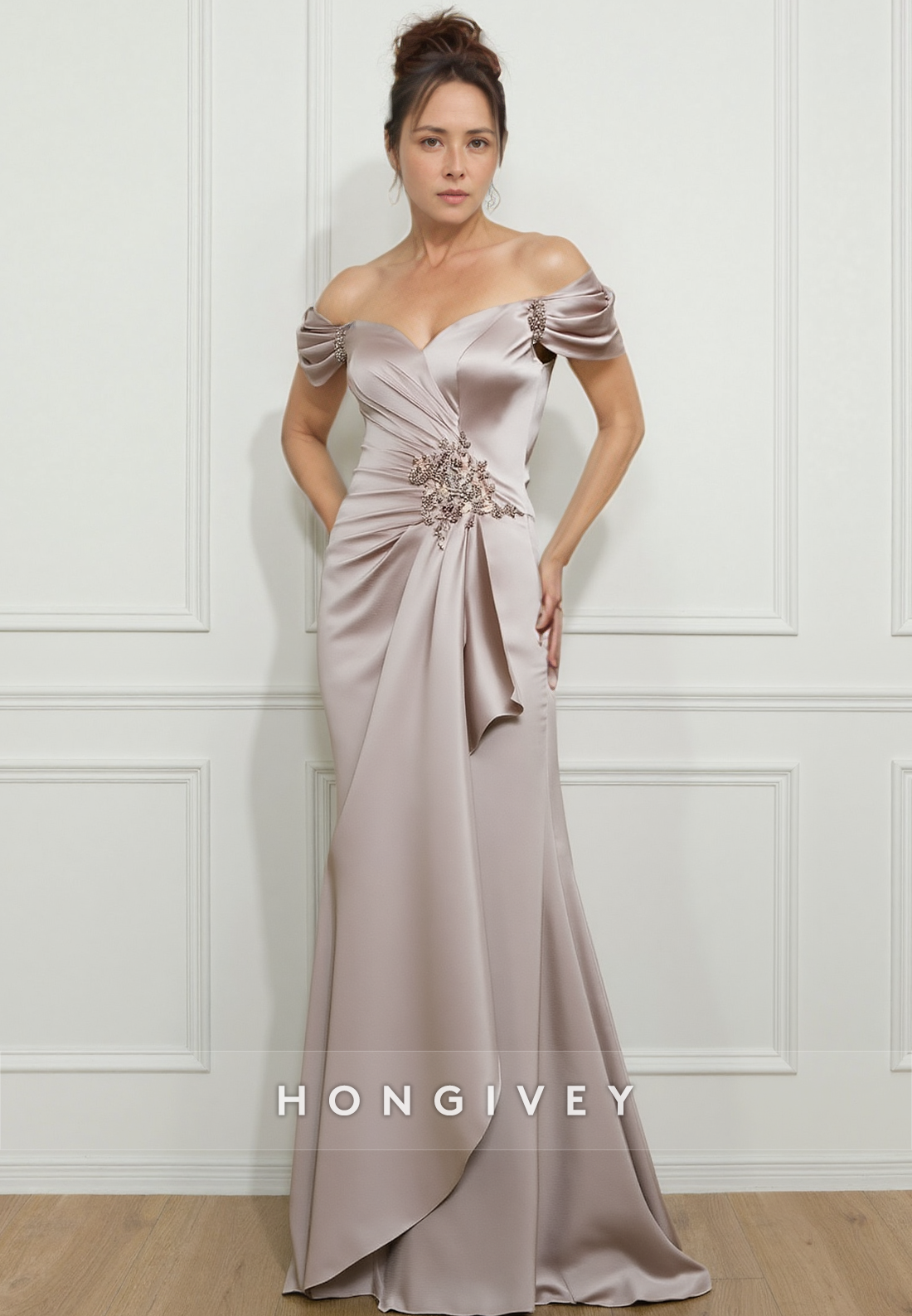 Sheath Sweep Train Sweetheart Satin Mother of the Bride Dress Cap Sleeves Pleated Rhinestone Evening Dress