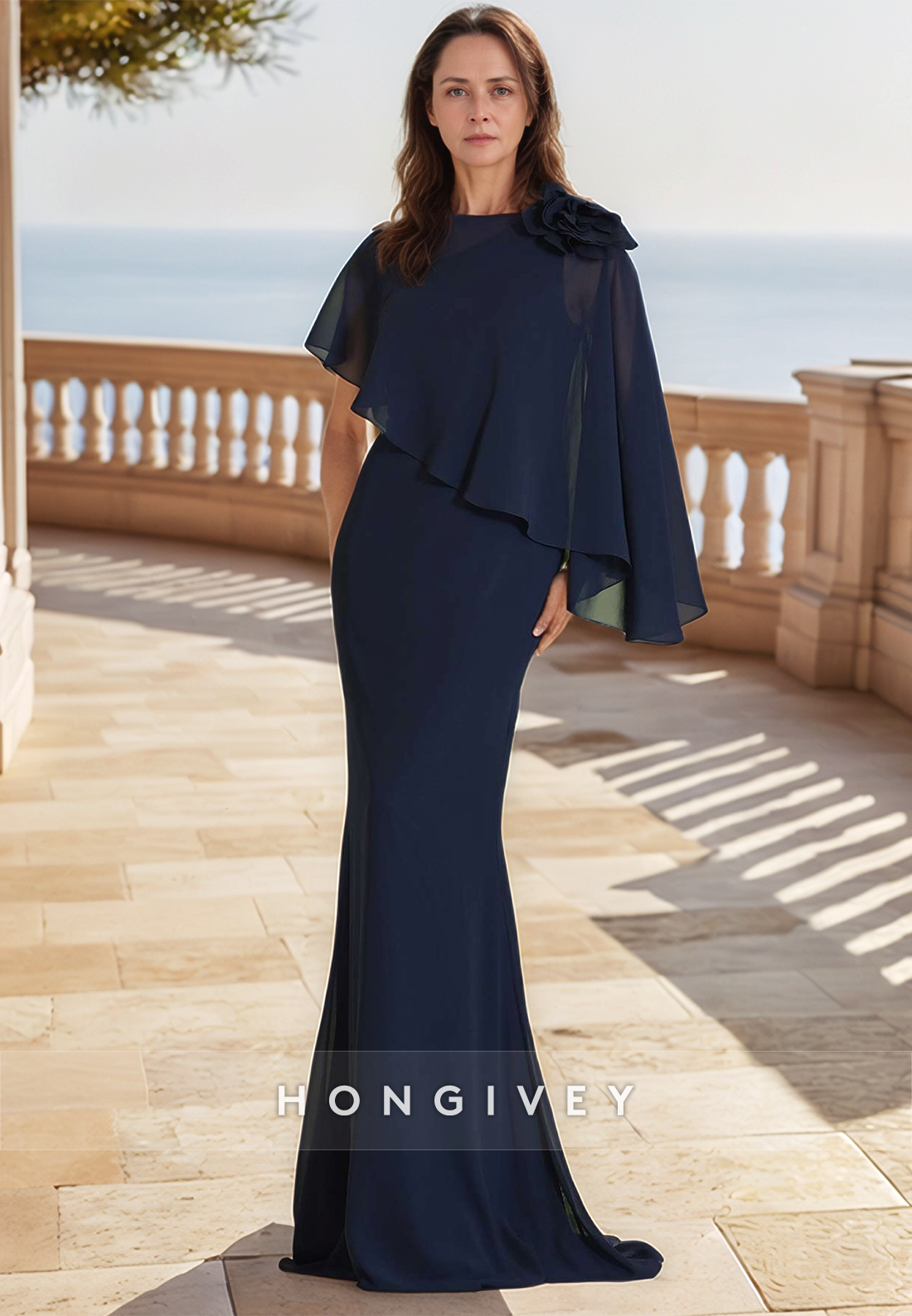 Sheath Sweep Train Chiffon Flowers Elegent Mother of the Bride Dress