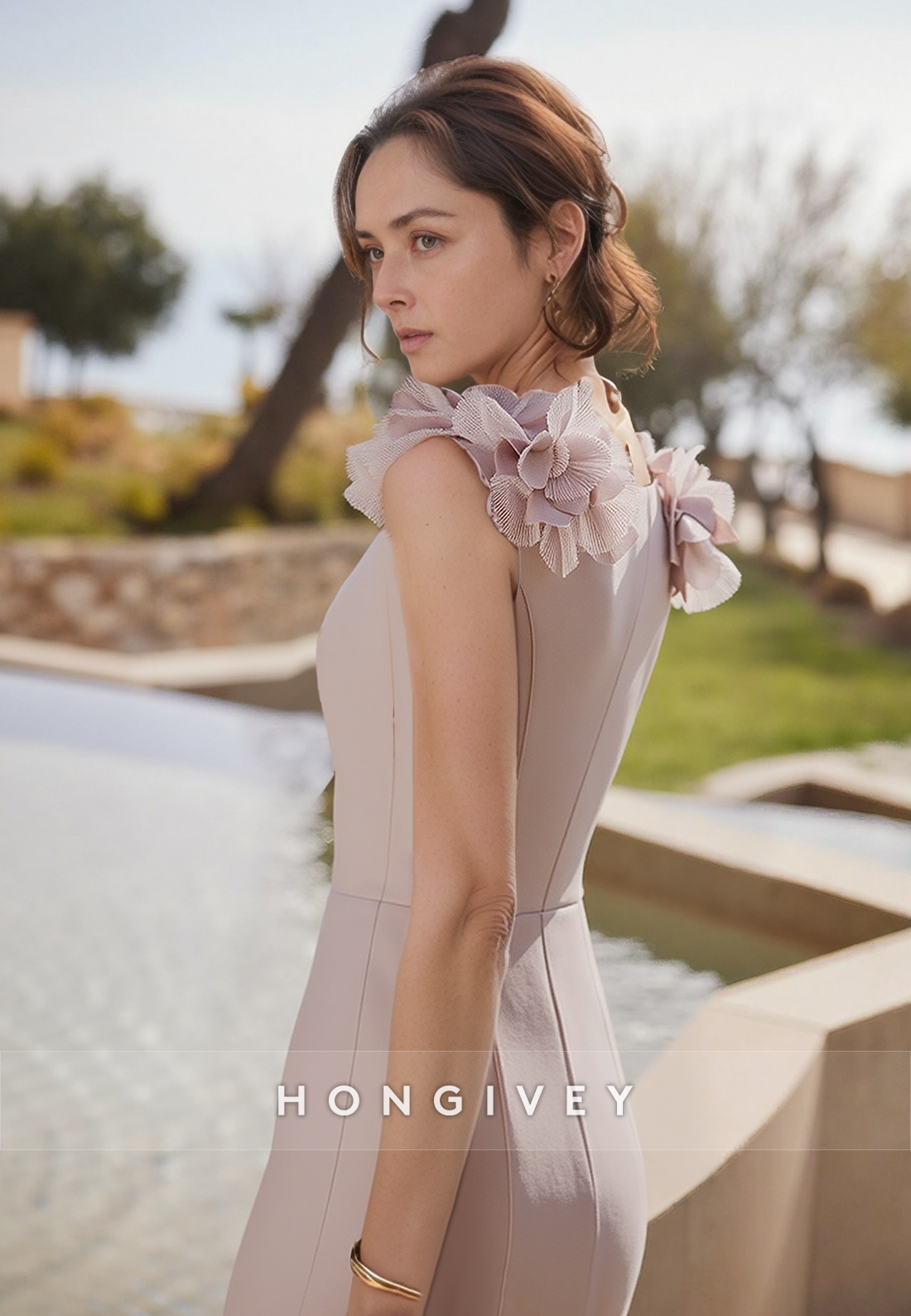 Sheath Tea-Length Satin Cap Sleeves Pleated Shoulder Flower Mother of the Bride Dress