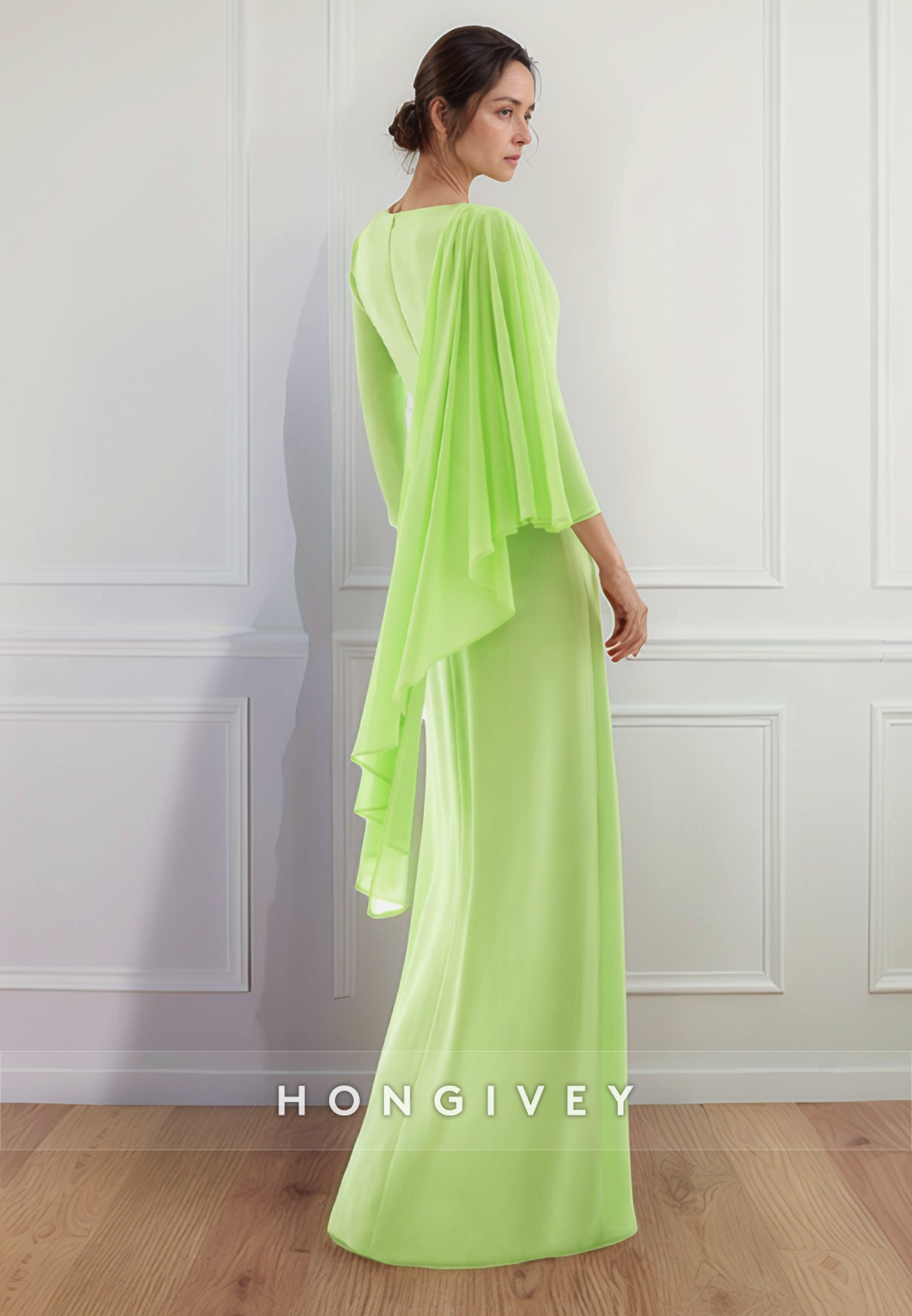 Sheath Floor-Length V Neck Chiffon Shawl Long Sleeve Pleated Zipper Mother of the Bride Dress