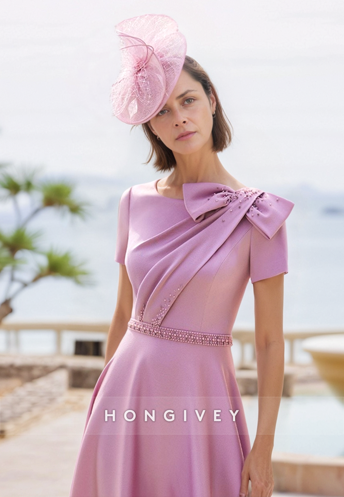 Bowknot A-line Ankle-Length Satin Short Sleeve Pleated Rhinestone Mother of the Bride Dress