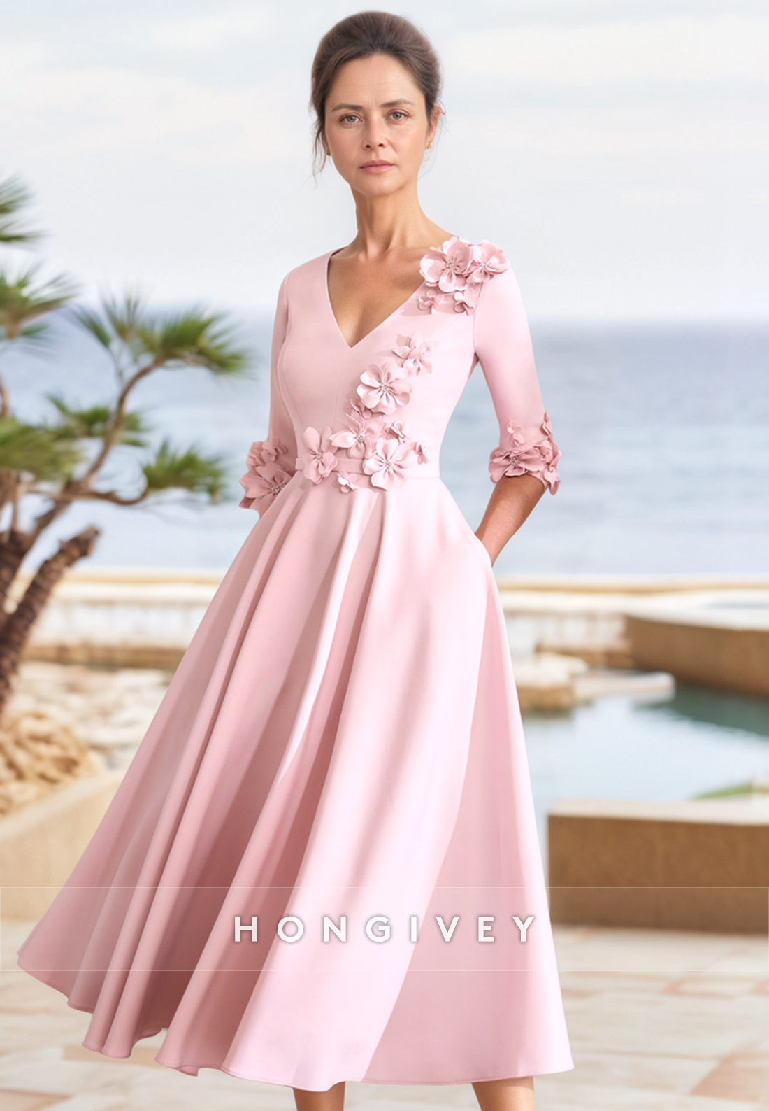 A-line Tea-Length Appliqued Pockets Mother of the Bride Dress V Neck Satin Half Sleeves Flowers Cocktail Dresses