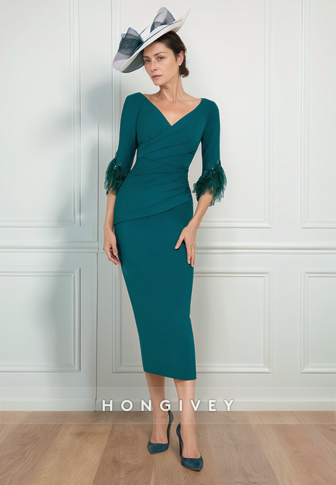 Trim Sheath Tea-Length V Neck Cocktail Dresse Satin 3/4 Sleeve Pleated Navy Bule Mother of the Bride Dress