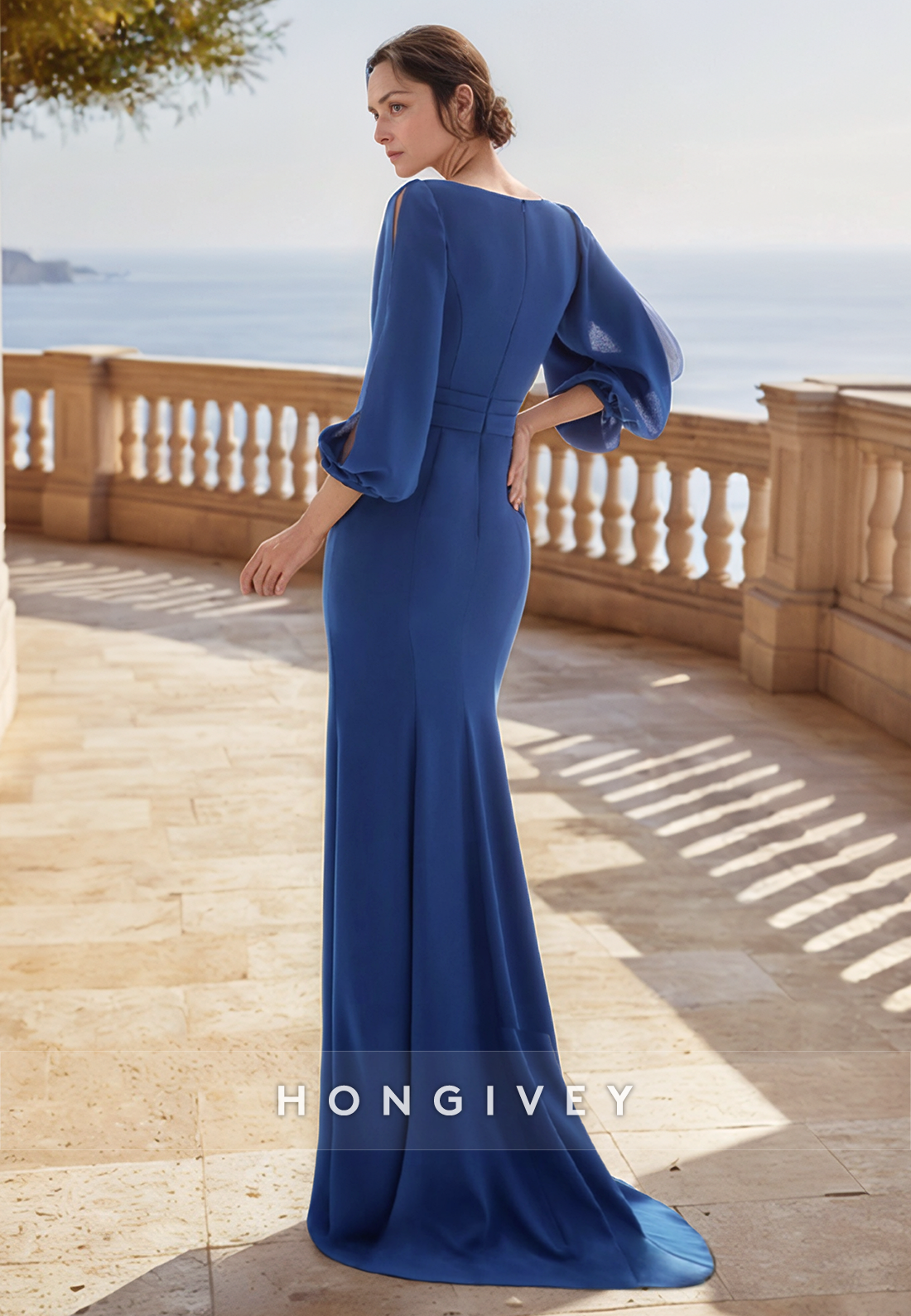 Sheath Simple Sweep Train V Neck Satin 3/4 Sleeve Split Navy Blue Mother of the Bride Dress