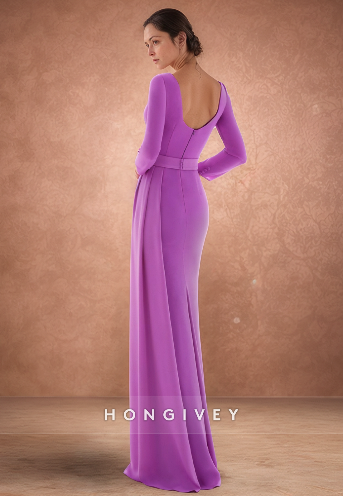 Sheath Simple Floor-Length Satin Long Sleeve Low Back Ruffles Mother of the Bride Dress