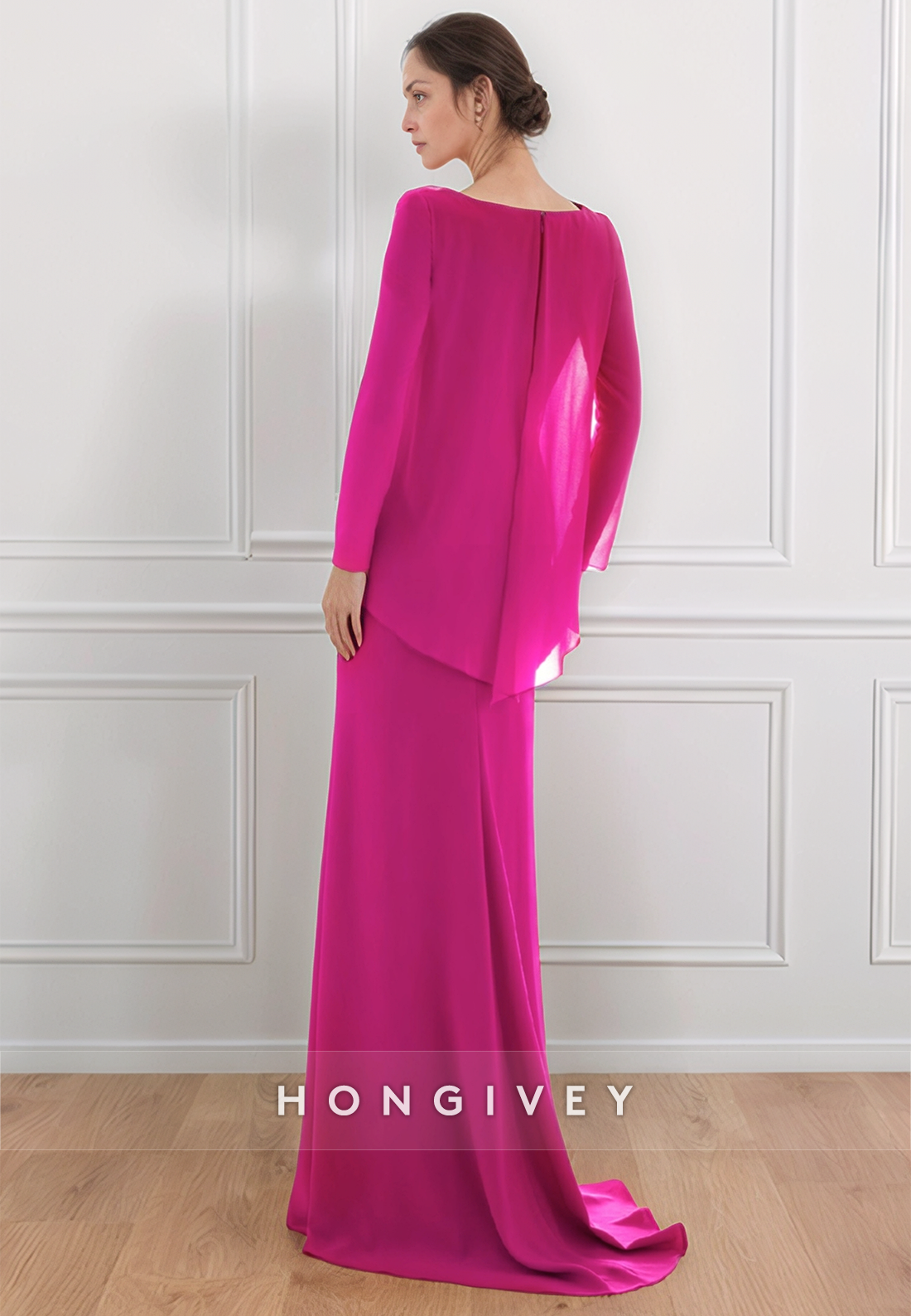 Fuchsia Sheath Pleated Chiffon Long Sleeve Zipper Floor-Length Mothers of The Bride