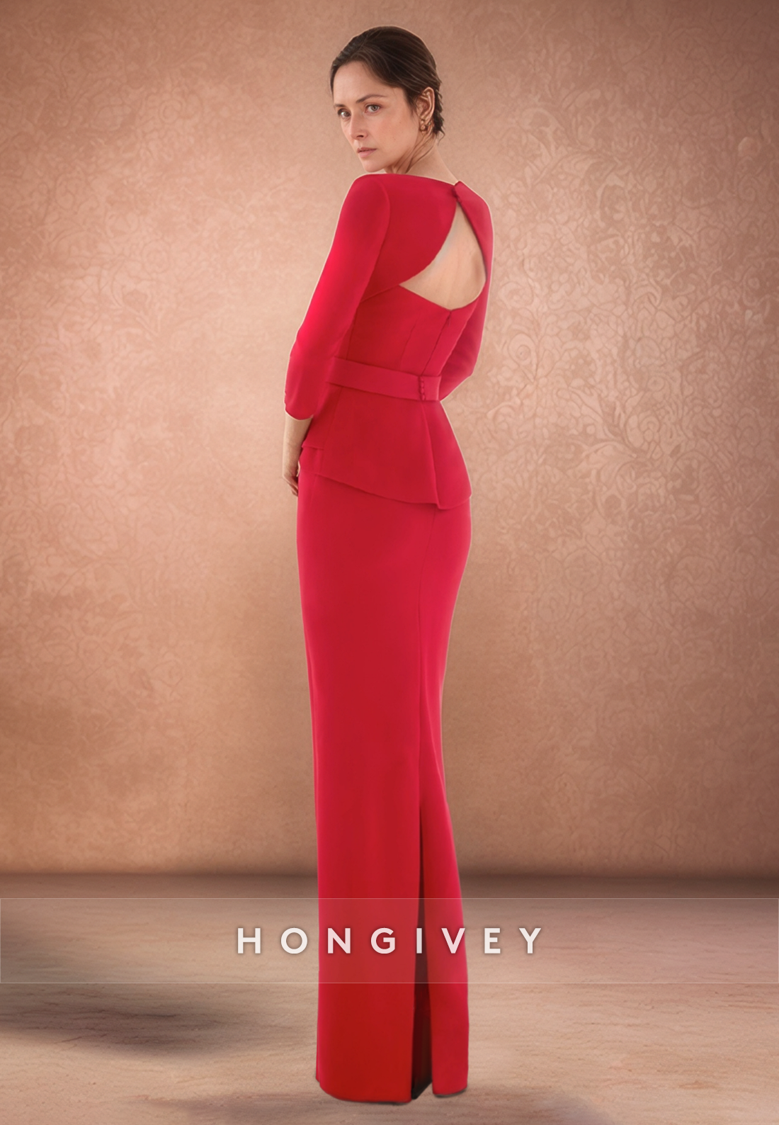 Sheath Floor-Length Satin 3/4 Sleeve Tie Back Pleated Red Back Hole Mothers of the Bride Dress