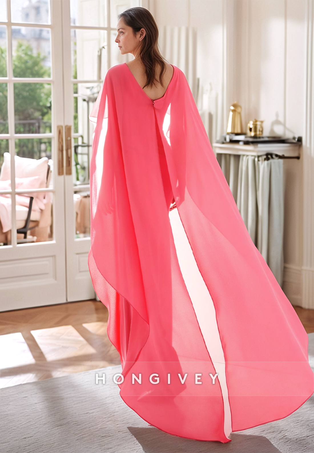 Sheath Floor-Length V Neck Watermelon Satin Shawl Pleated Mother of the Bride Dress