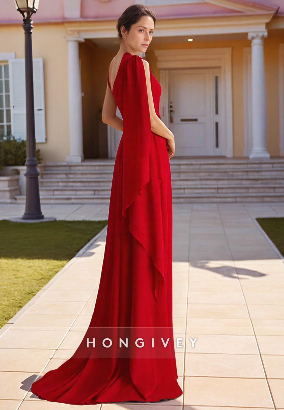 Sheath Ankle-Length Red Mother of the Bride High Slit One Shoulder Chiffon Crystal V Back Evening Gown