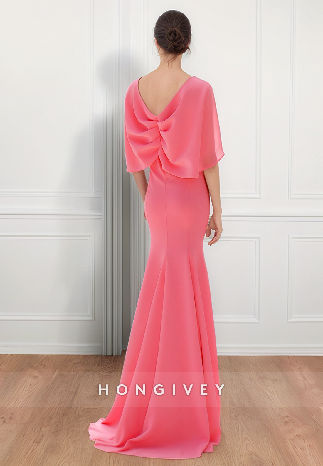 Sheath Floor-Length V Neck Satin Flutter Sleeves Pleated V Back Mother of the Bride Dress