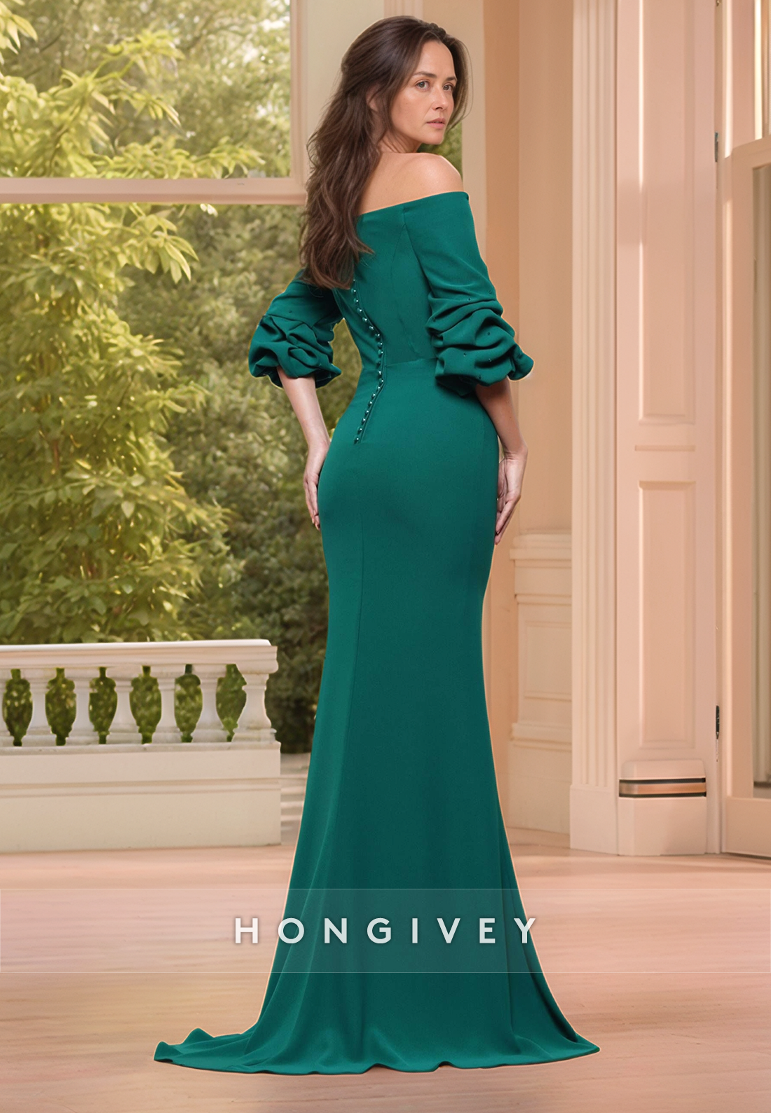 Mermaid Court Train Off the Shoulder Satin Half Sleeve Pleated Simple Mother of the Bride Dress