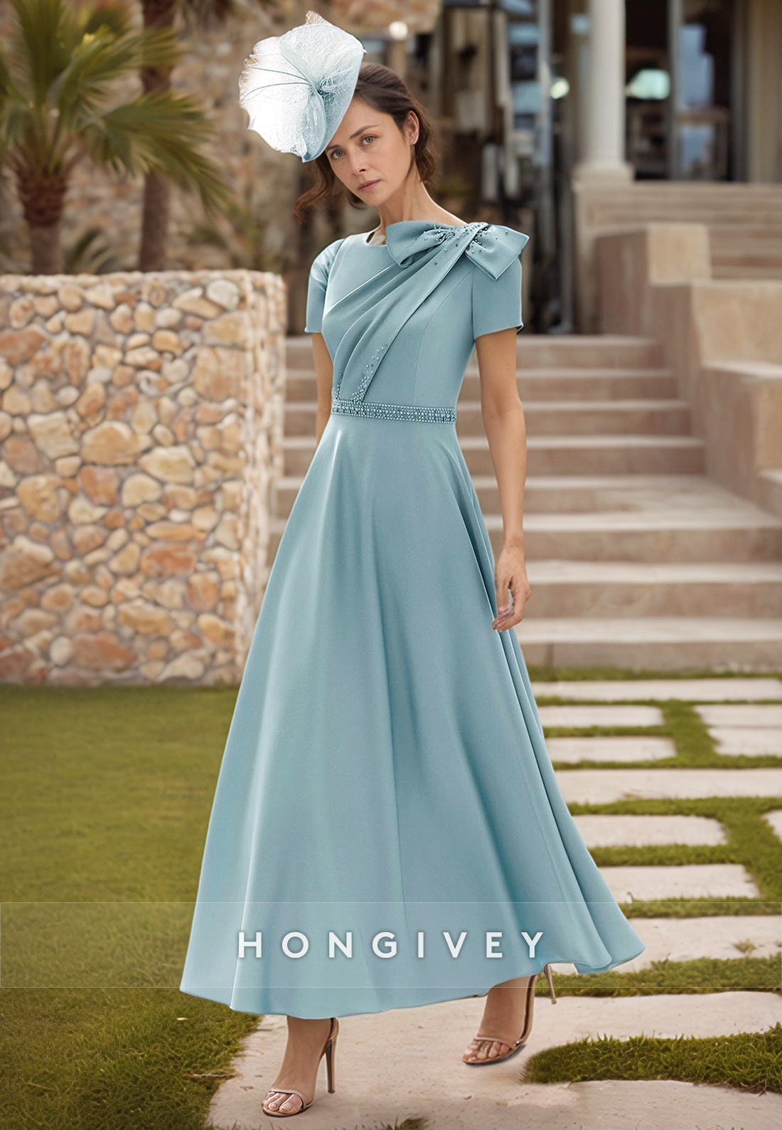 Bowknot Short Sleeve A-line Ankle-Length Satin Short Sleeve Pleated Rhinestone Mother Of the Bride Dress
