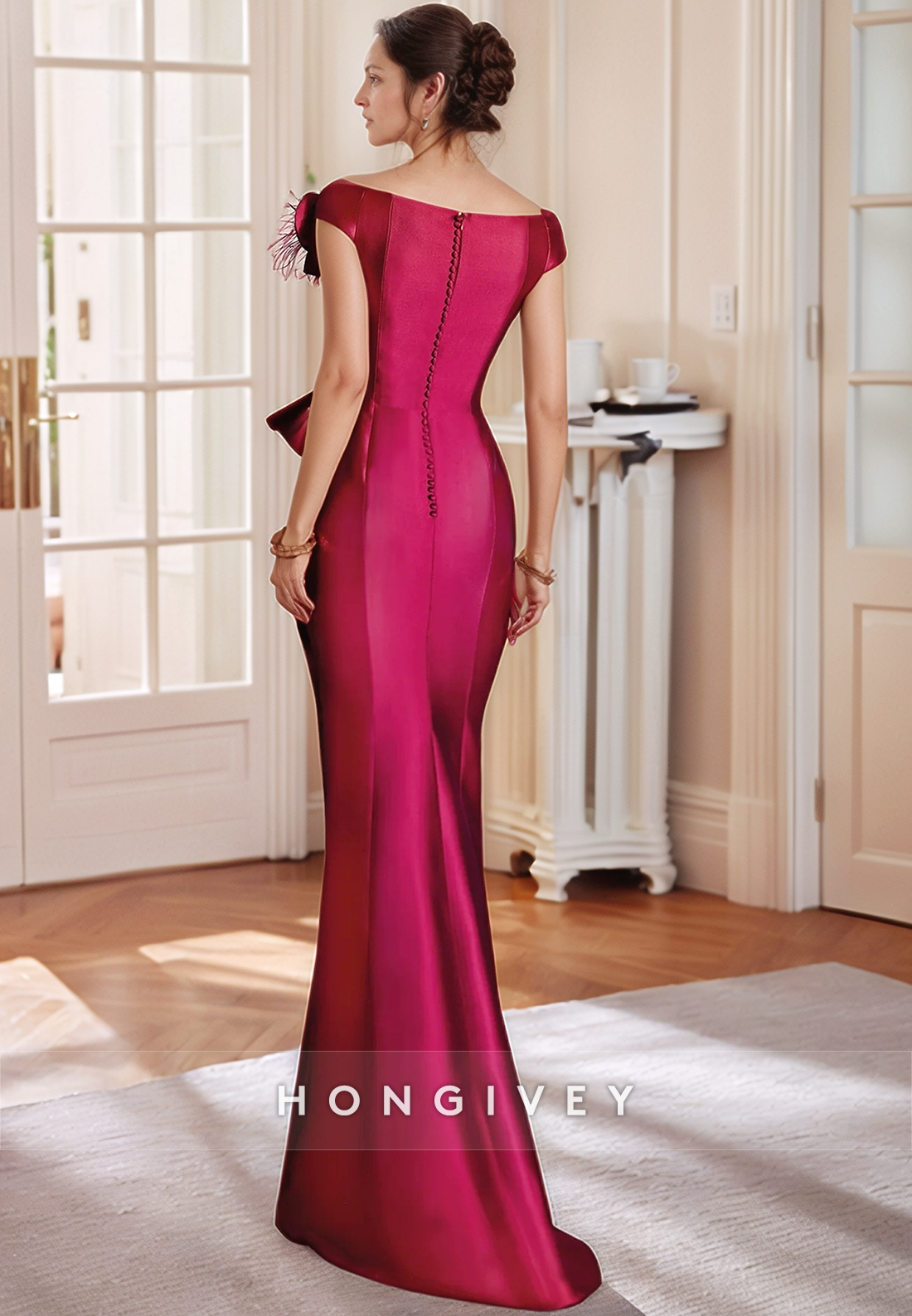 Sheath Floor-Length Satin Cap Straps Flowers Elegant Mother of the Bride Dress