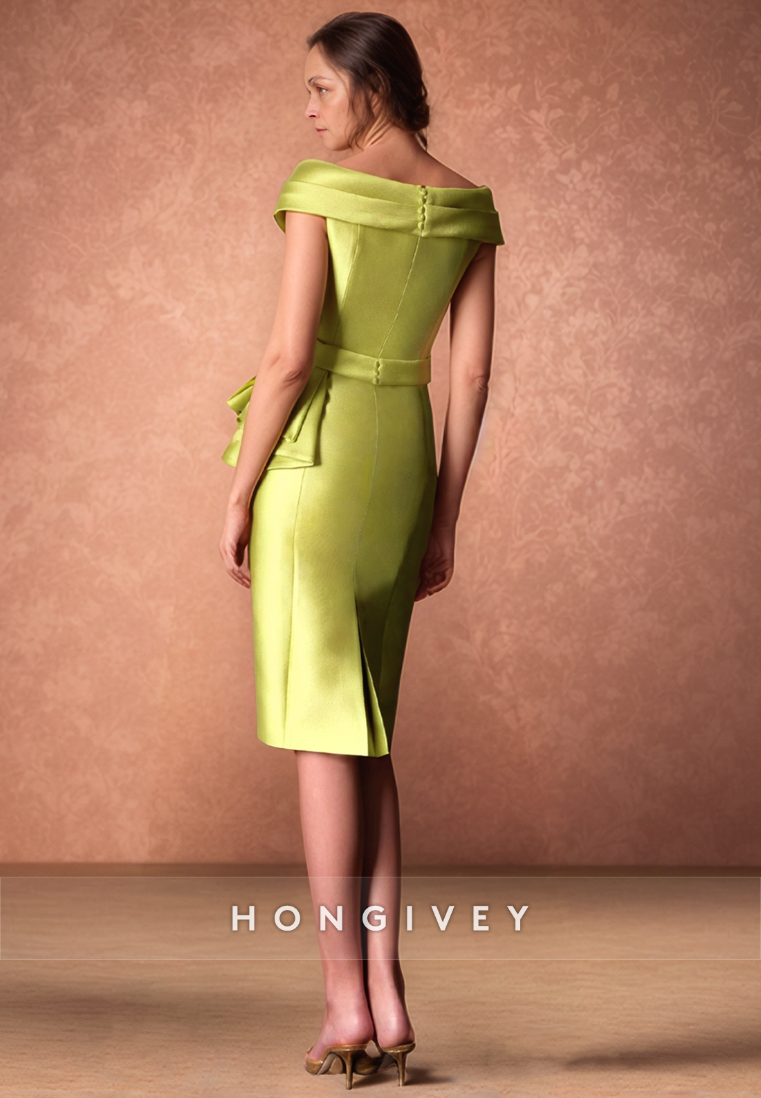 Elegant Avocado Green Cocktail Dresse Sheath Off the Shoulder Satin Pleated Mother of the BrideDress