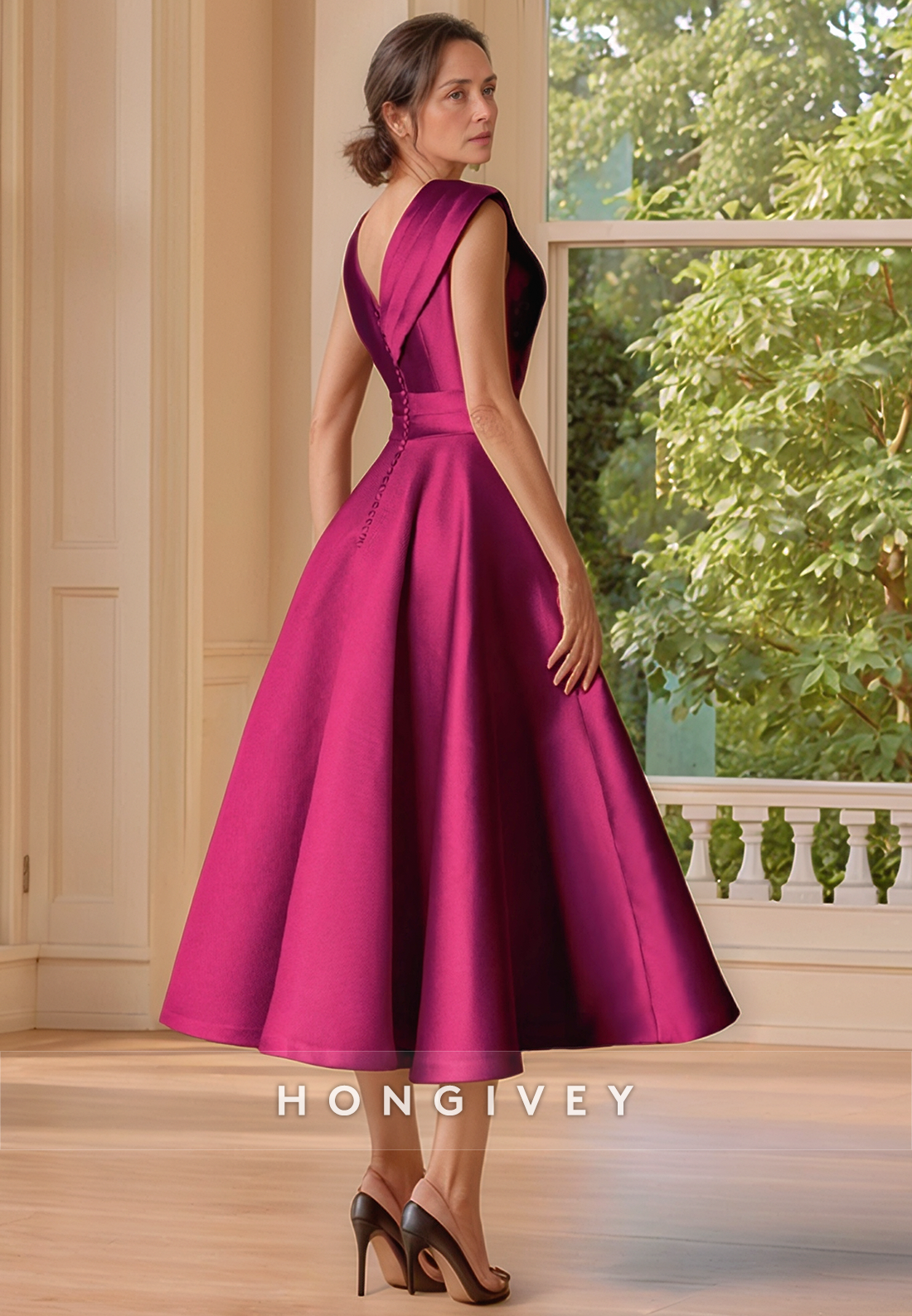 Princess Satin Cocktail Dress Cap Sleeves Pleated Tea-Length Mother of the Bride Dress