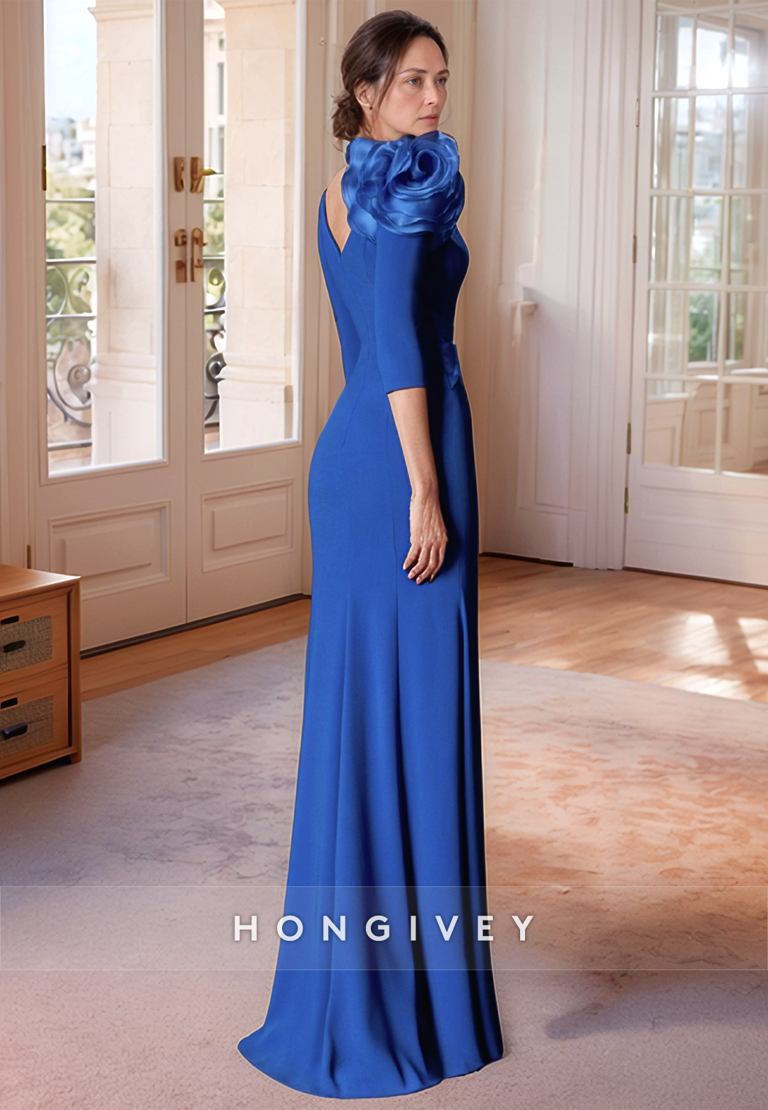 Royal Blue Shoulder Flower Formal Sheath Floor-Length Satin 3/4 Sleeve Mother of the Bride Dress