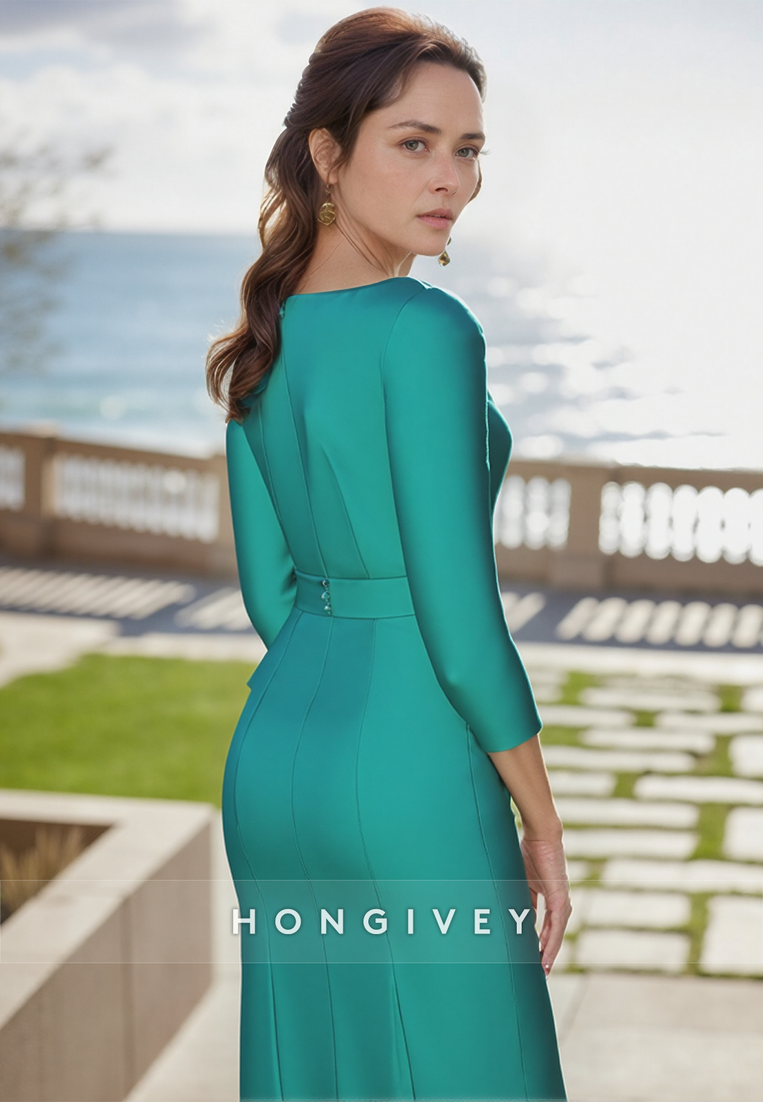 Sheath V Neck Cocktail Dress Satin 3/4 Formal Sleeve Pleated Knee-Length Mother of the Bride Dress