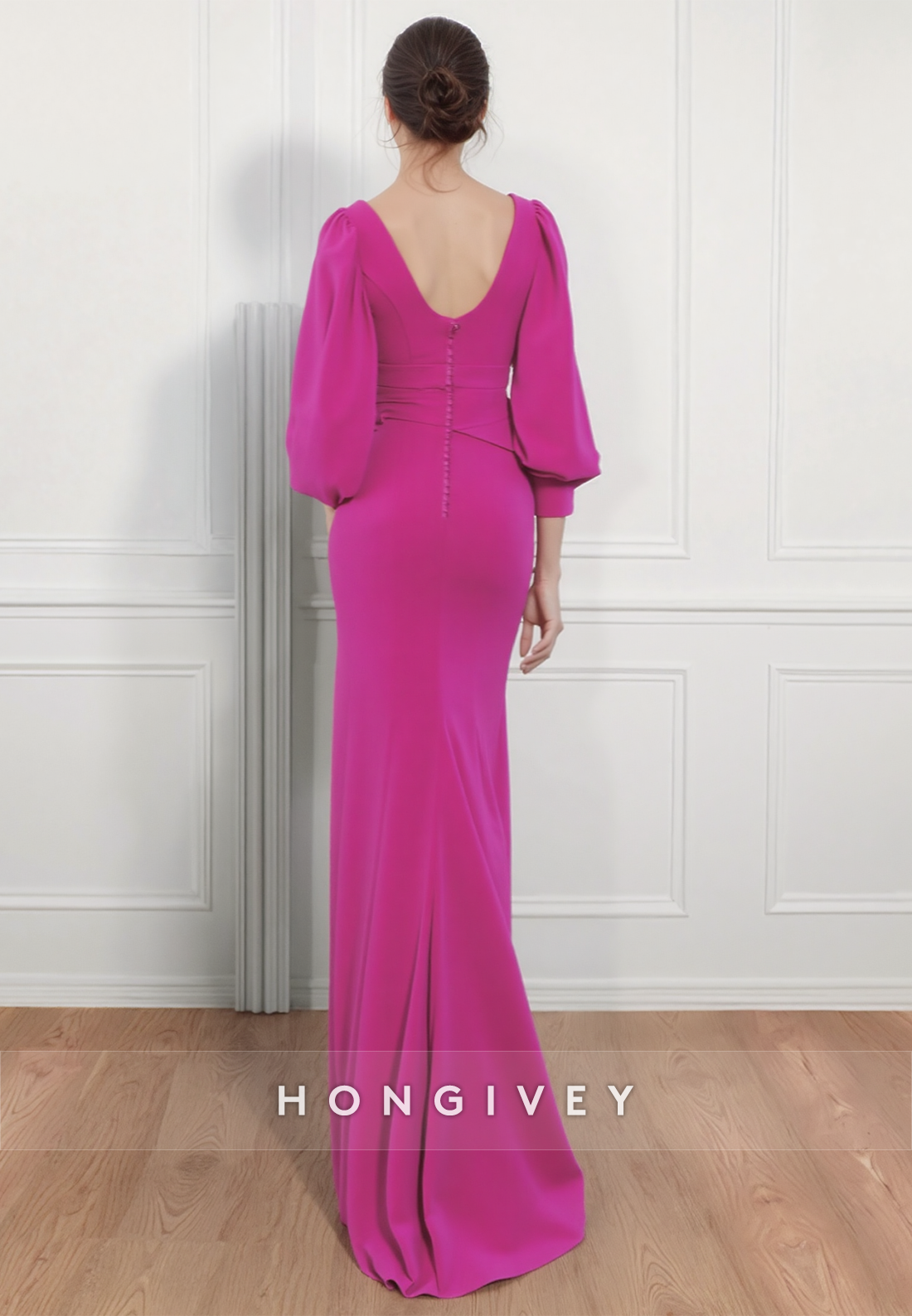 V Neck Fuchsia Floor-Length Flowers Sheath Long Sleeve Satin Pleated Mother of the Bride Dress