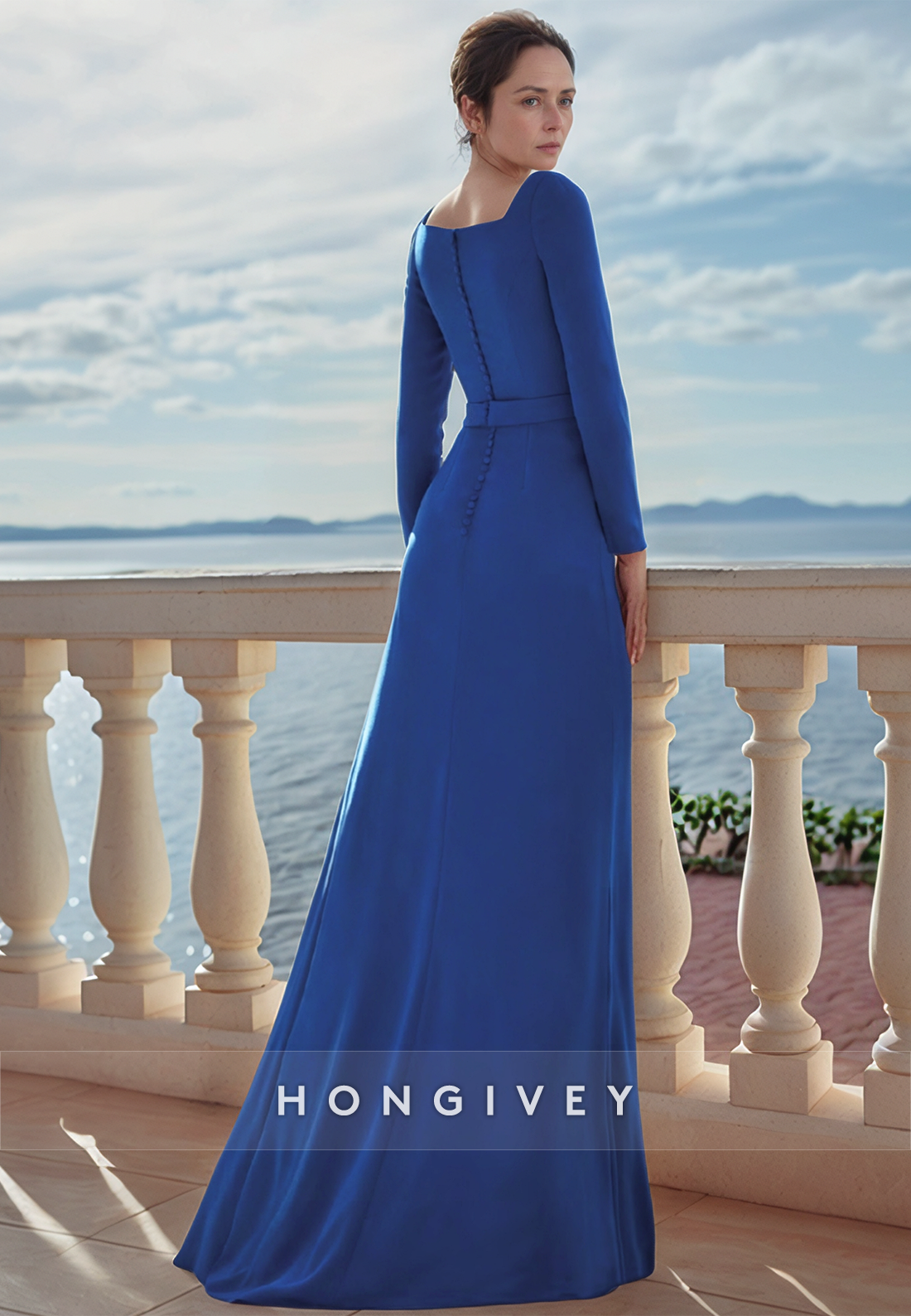 Split Pleated Long Sleeve Satin Square Royal Blue Floor-Length Sheath Mother of the Bride Dress