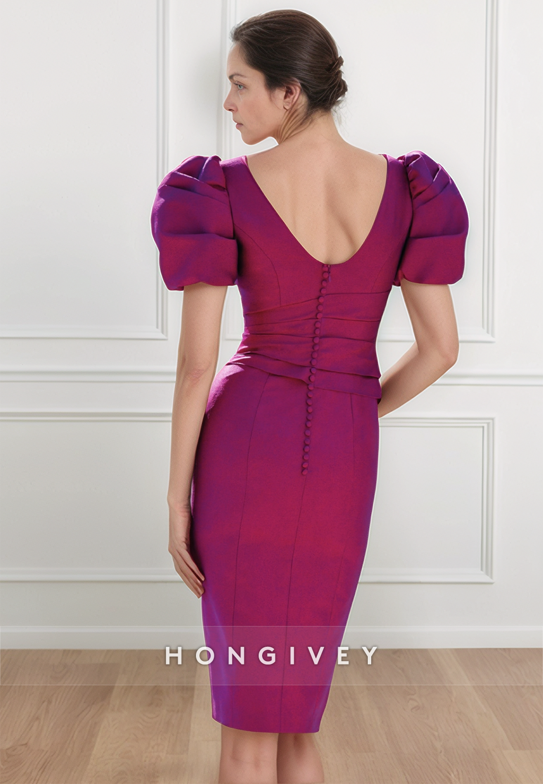 Sheath V Neck Satin Short Sleeve Knee-Length Mother of the Bride Dress Pleated Low Back Cocktail Dress