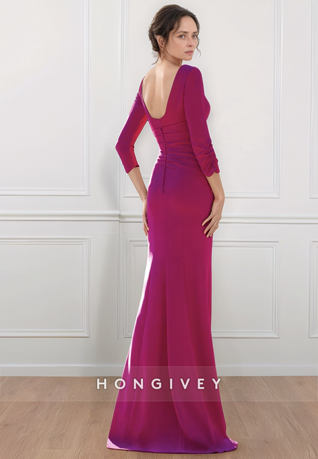 Simple Floor-Length Elegant Sheath Satin 3/4 Sleeve Pleated Mother of the Bride Dress