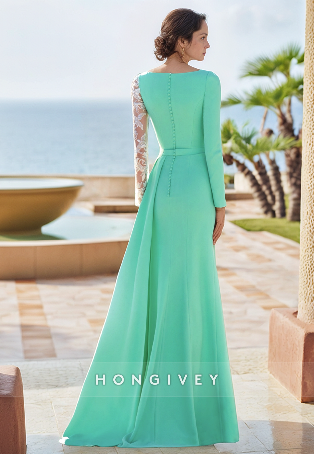 Sheath Floor-Length V Neck Elegant Lace Long Sleeve Split Mother of the Bride Dress