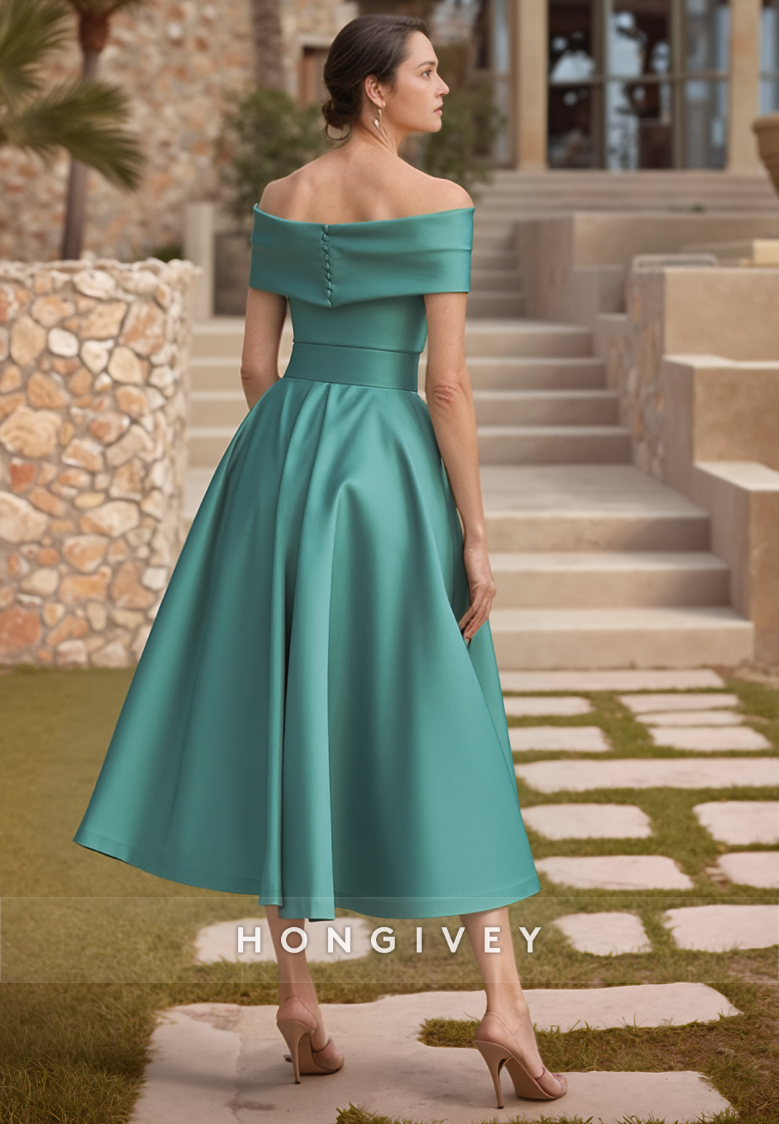 Ball Gown Tea-Length Cocktail Dress Off the Shoulder Satin Pleated Mother of the Bride Dress