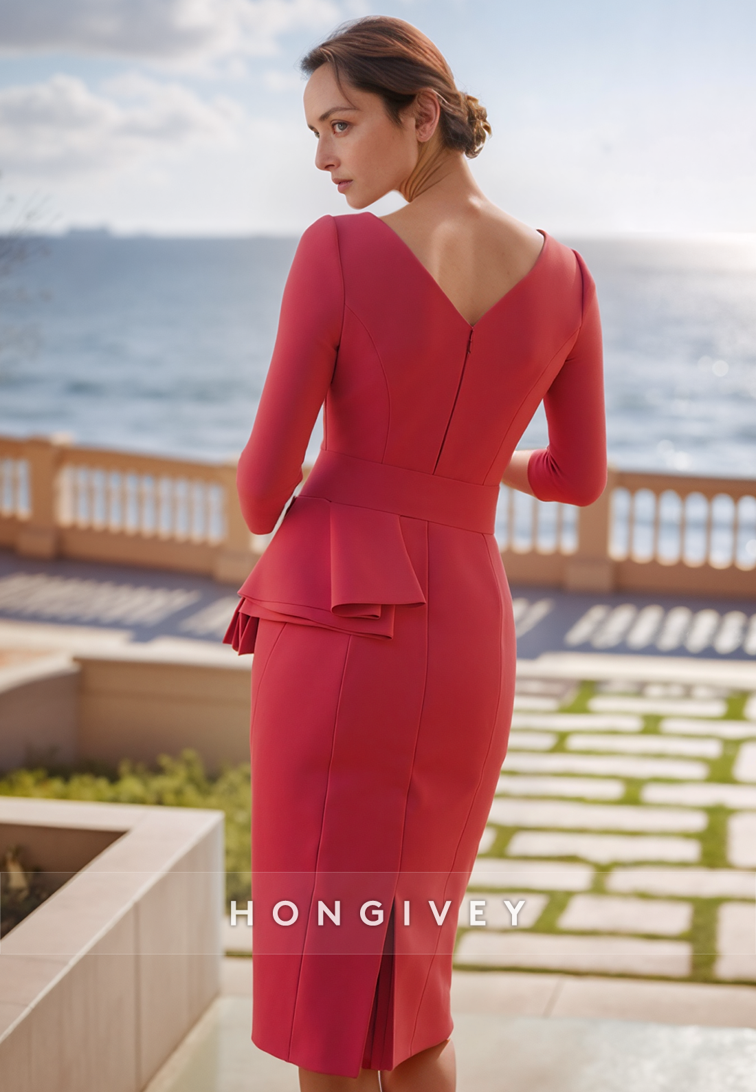 Red Sheath Knee-Length V Neck Satin 3/4 Sleeve Pleated V Back Mother of the Bride Dress