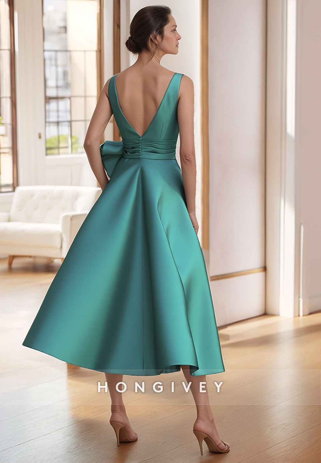 Regular Straps A-line Rhinestone V Back Tea-Length V Neck Satin Pleated Mother of the Bride Dress