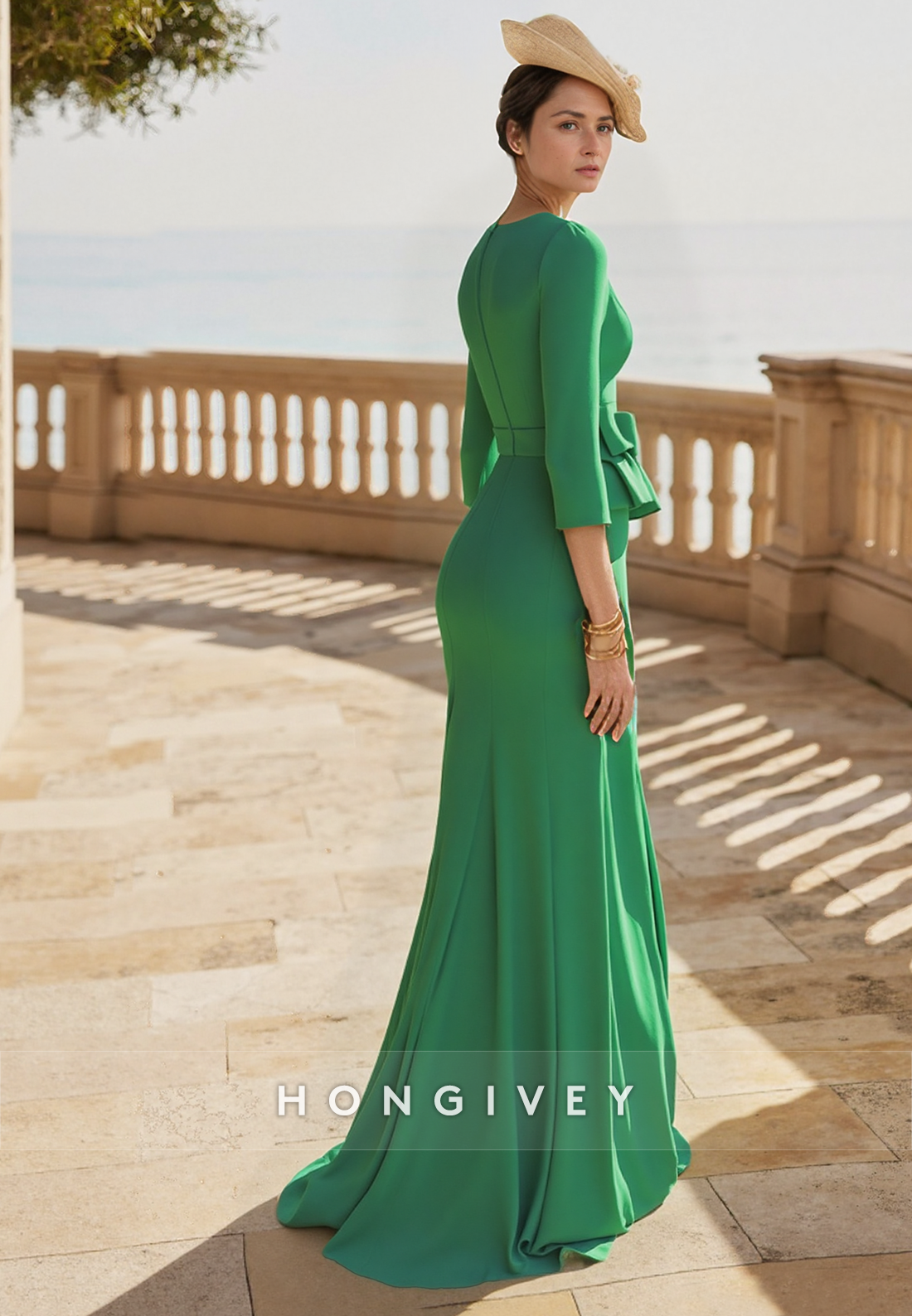 Floor-Length V Neck Pleated Satin 3/4 Sleeve Sheath Mother of the Bride Dress