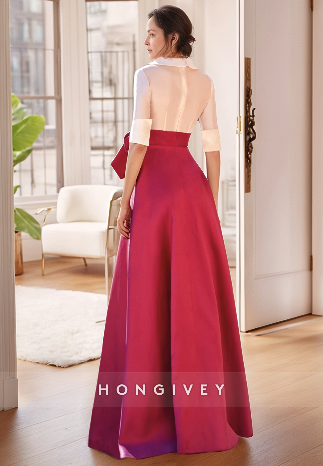 Bowknot Formal A-line Floor-Length V Neck Satin Half Sleeve Pleated Mother of the Bride Dress