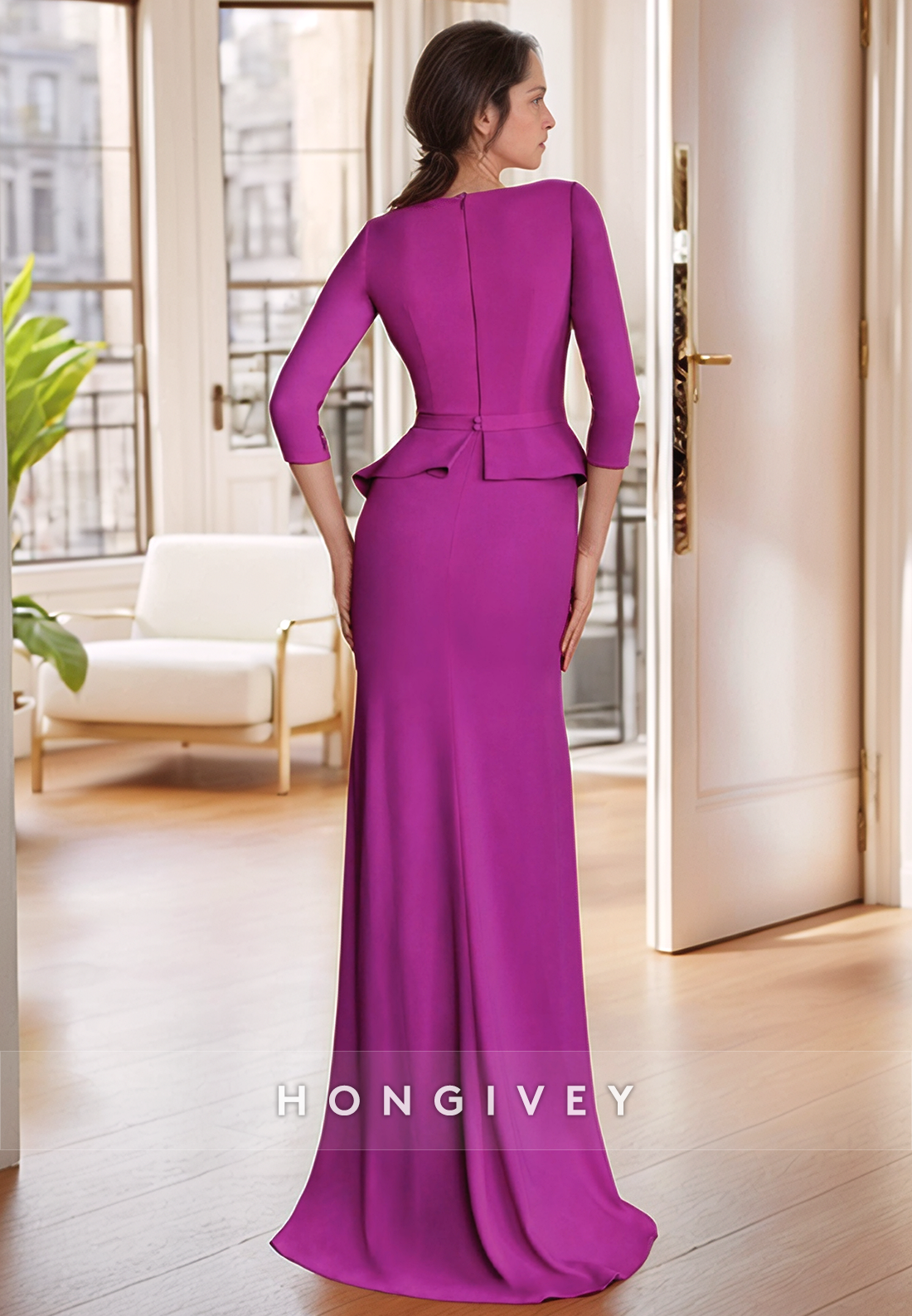 3/4 Sleeve Fromal Floor-Length Sheath Satin Asymmetrical Neck Pleated Mother of the Bride Dress