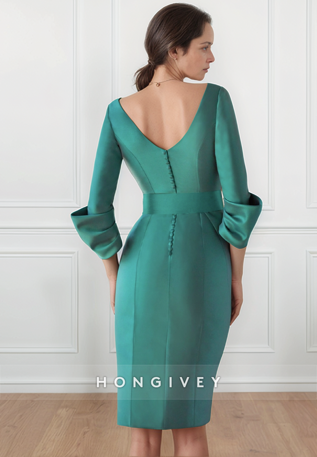 V Neck Knee-Length Mother of the Bride Dress Sheath Satin 3/4 Sleeve Pleated Cocktail Dress