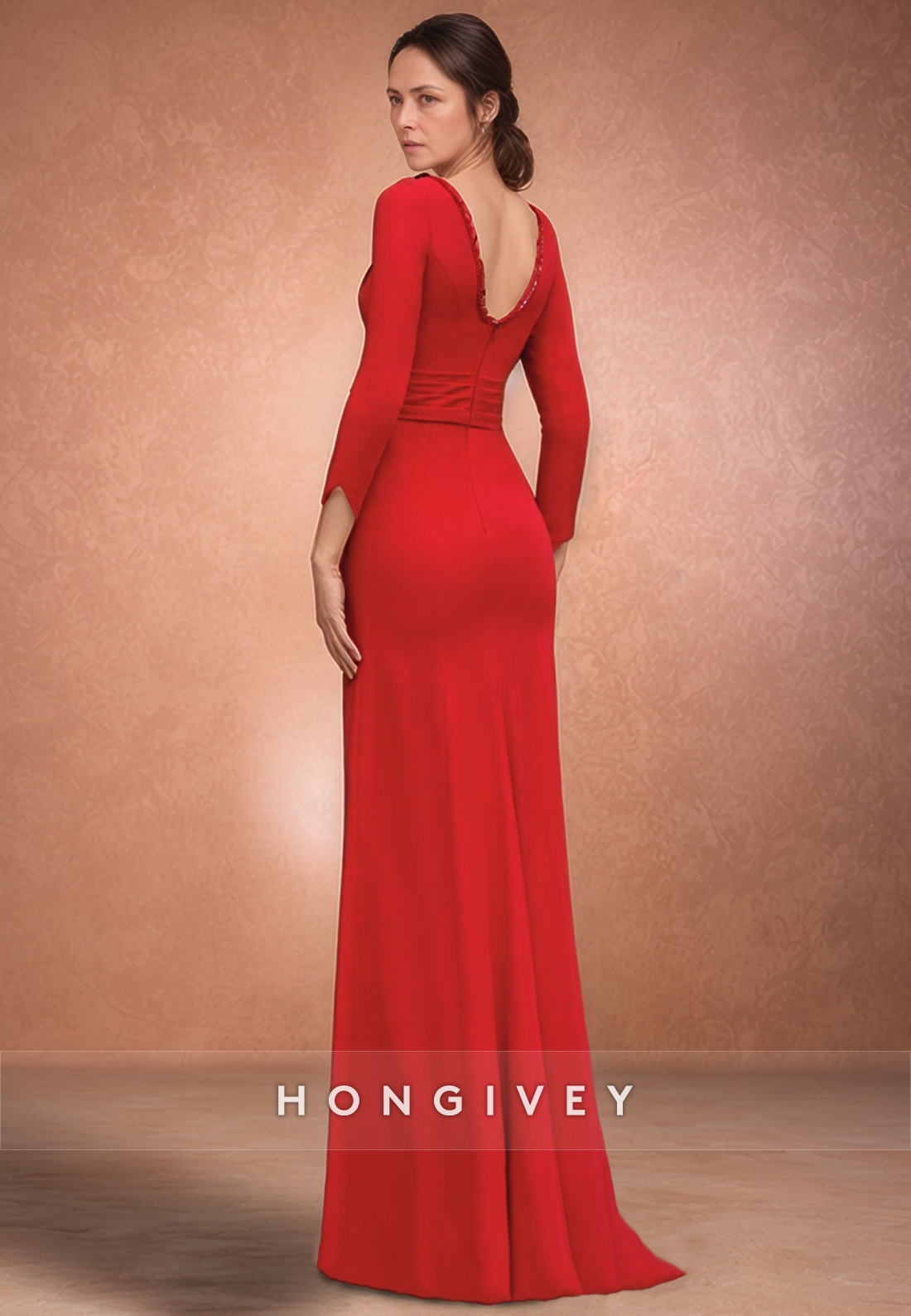 V Back Zipper Satin Floor-Length Sheath 3/4 Sleeve Pleated Mother of the Bride Dress