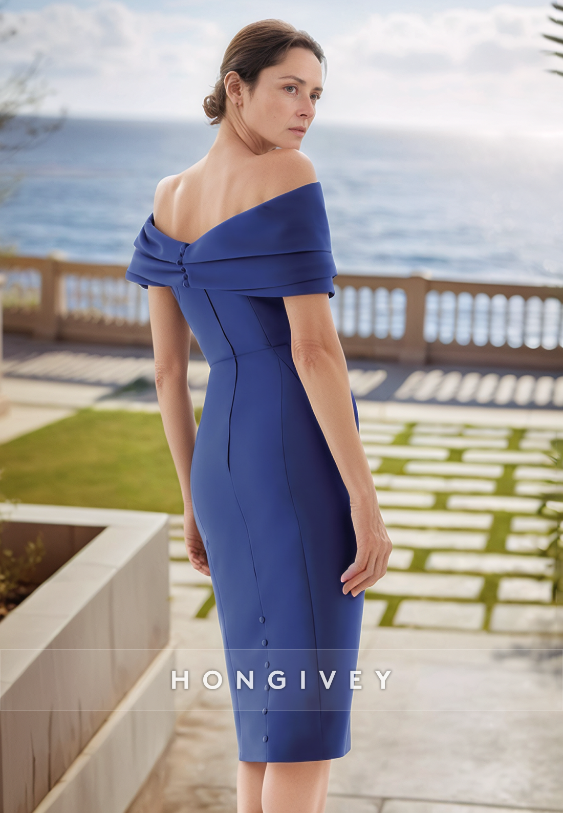 Royal Blue Cocktail Dress Sheath Tea-Length Satin Short Sleeve Pleated Shawl Mother of the Bride Dress